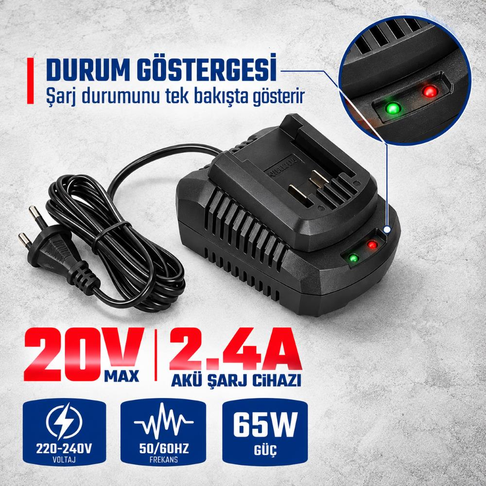 Durum göstergeli siyah 20V 2.4A akü şarj cihazı, kablosu ve teknik bilgileriyle.
