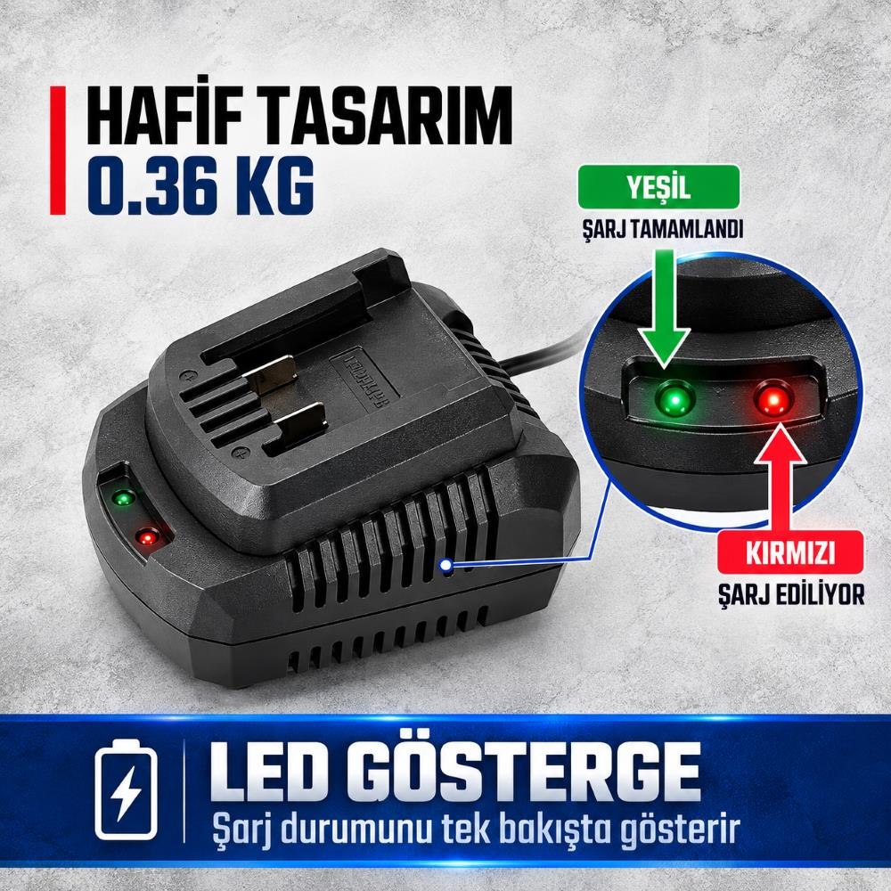 Gri arka planda LED göstergelerine sahip siyah bir şarj cihazı.