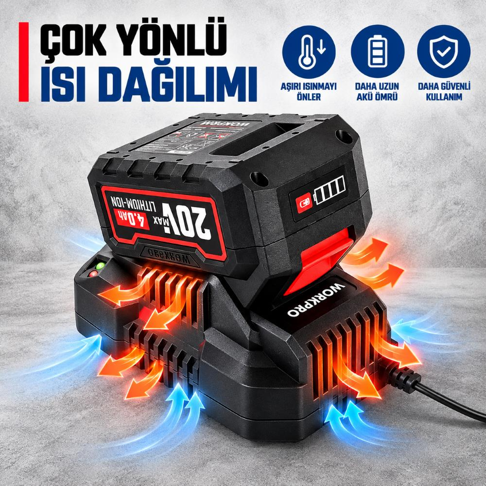 Mavi ve turuncu oklarla hava akımı soğutmasını gösteren pil şarj cihazı.