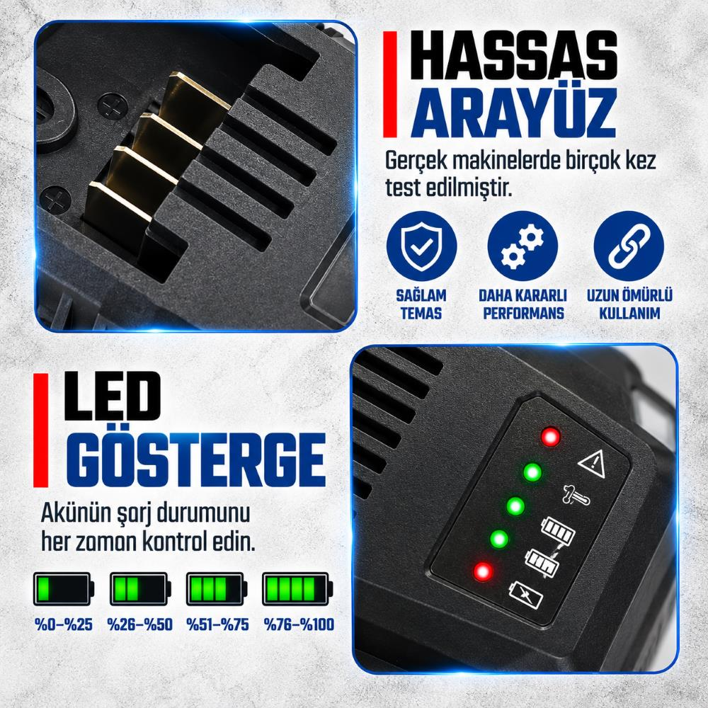 Altın renkli akü kontakları ve farklı şarj seviyelerini gösteren LED panel.