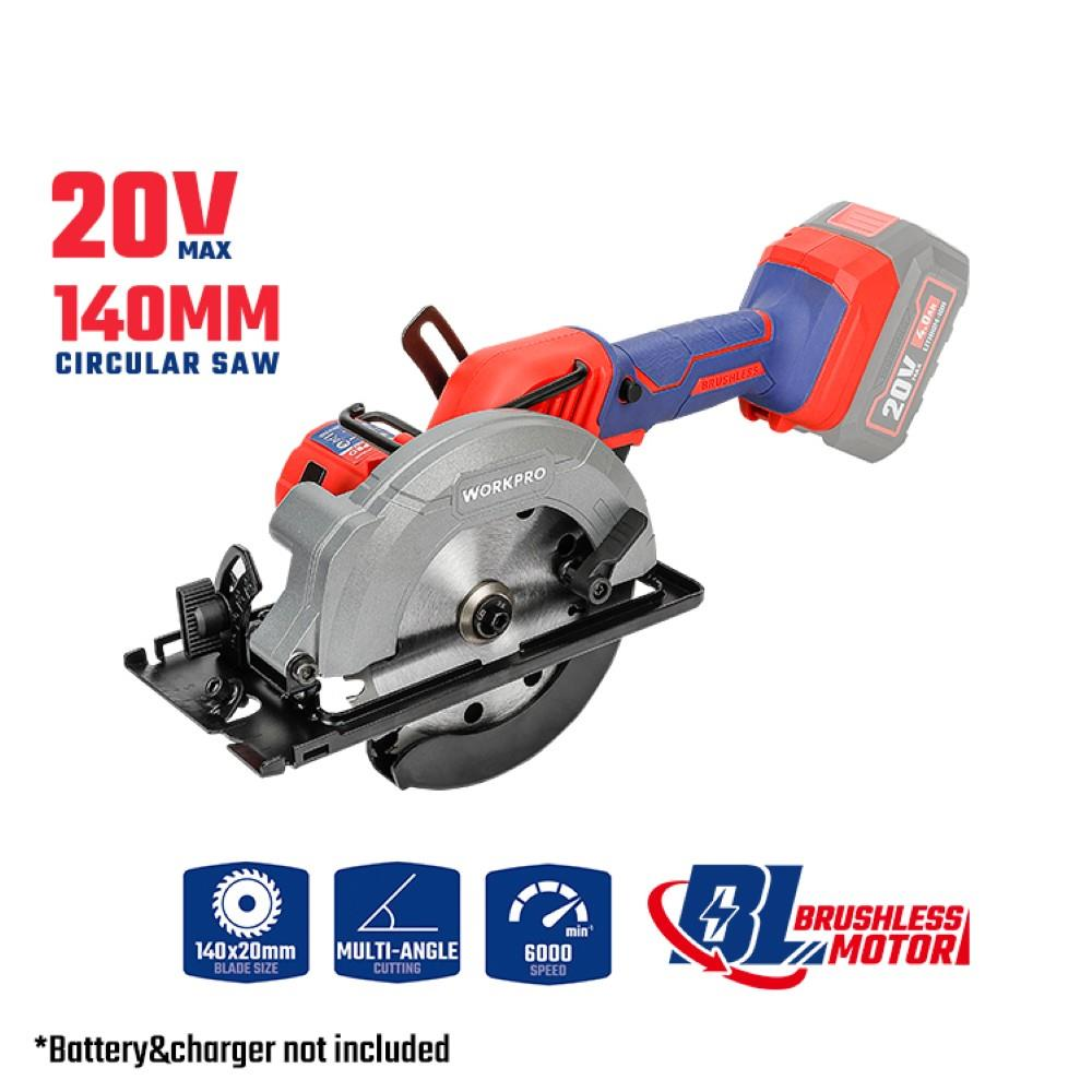 Beyaz arka planda 140 mm bıçaklı ve fırçasız motorlu kırmızı ve mavi akülü daire testere.