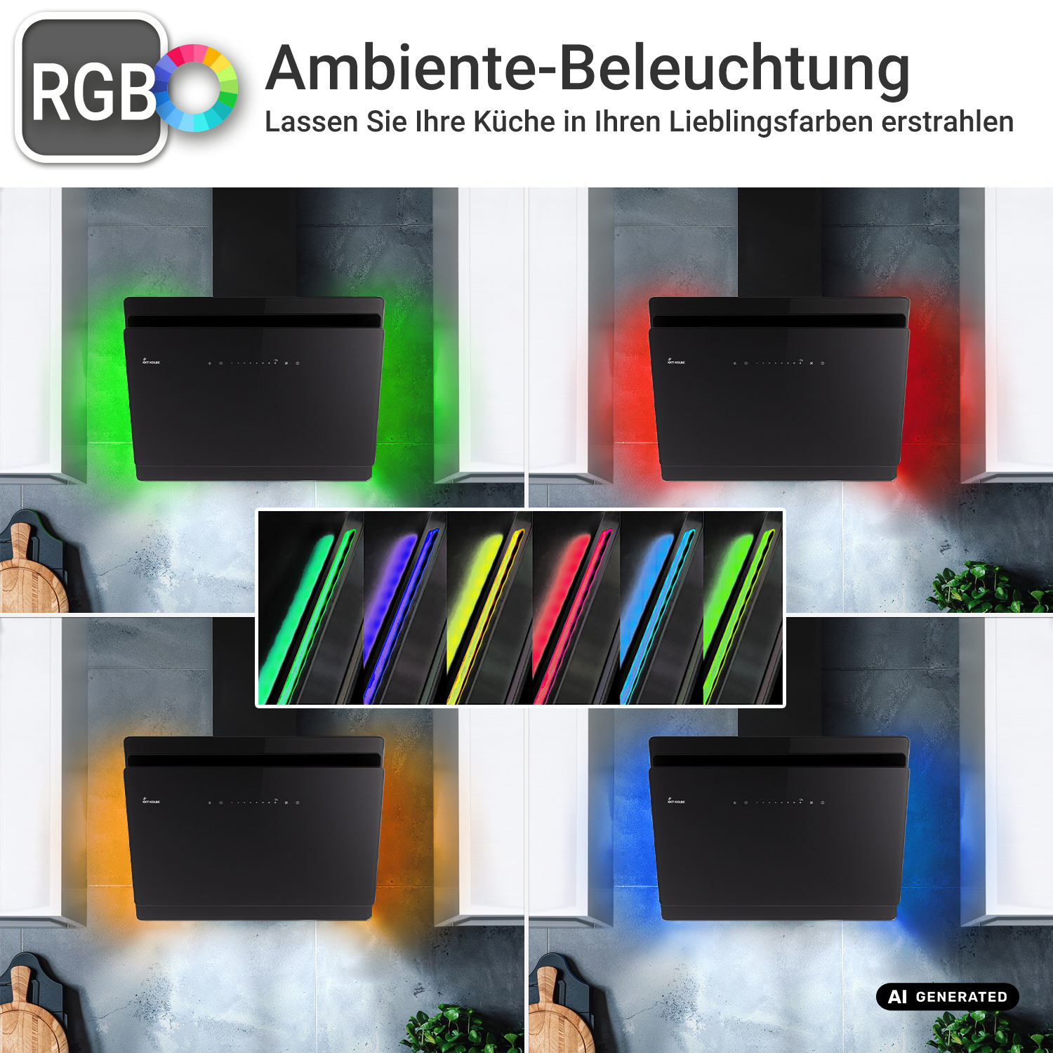 Una cappa da cucina nera con illuminazione ambientale RGB personalizzabile in verde, rosso, arancione e blu.