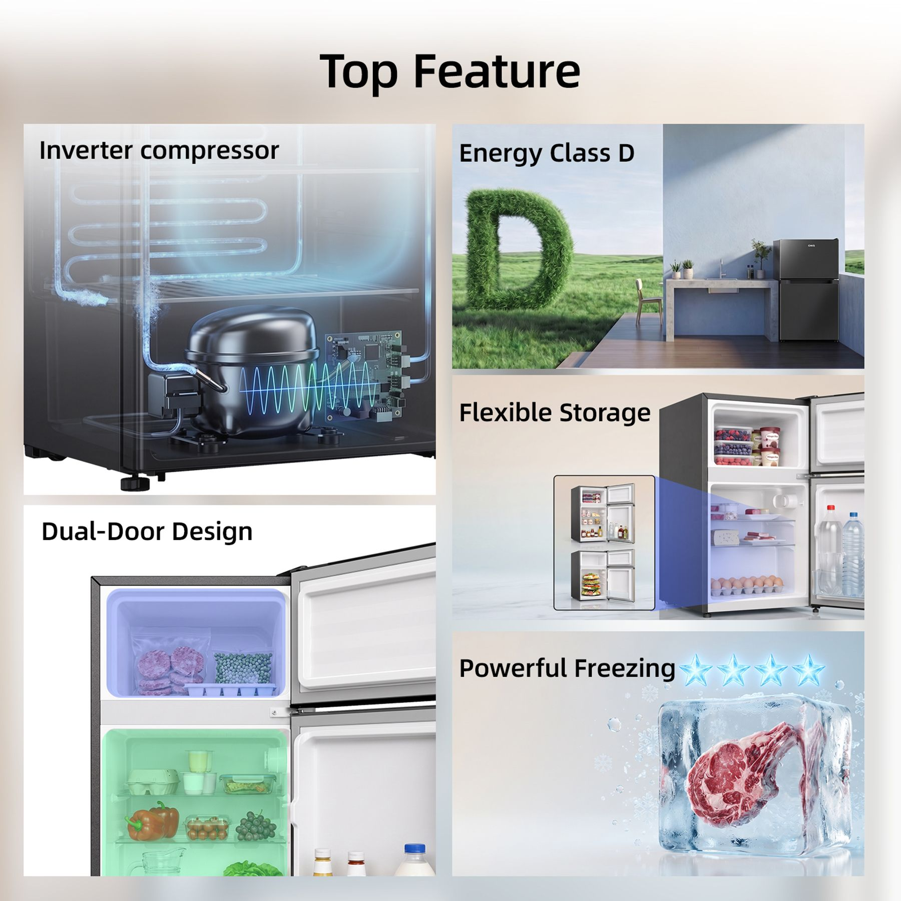 Resumen de las características principales del refrigerador con compresor y clase energética D.