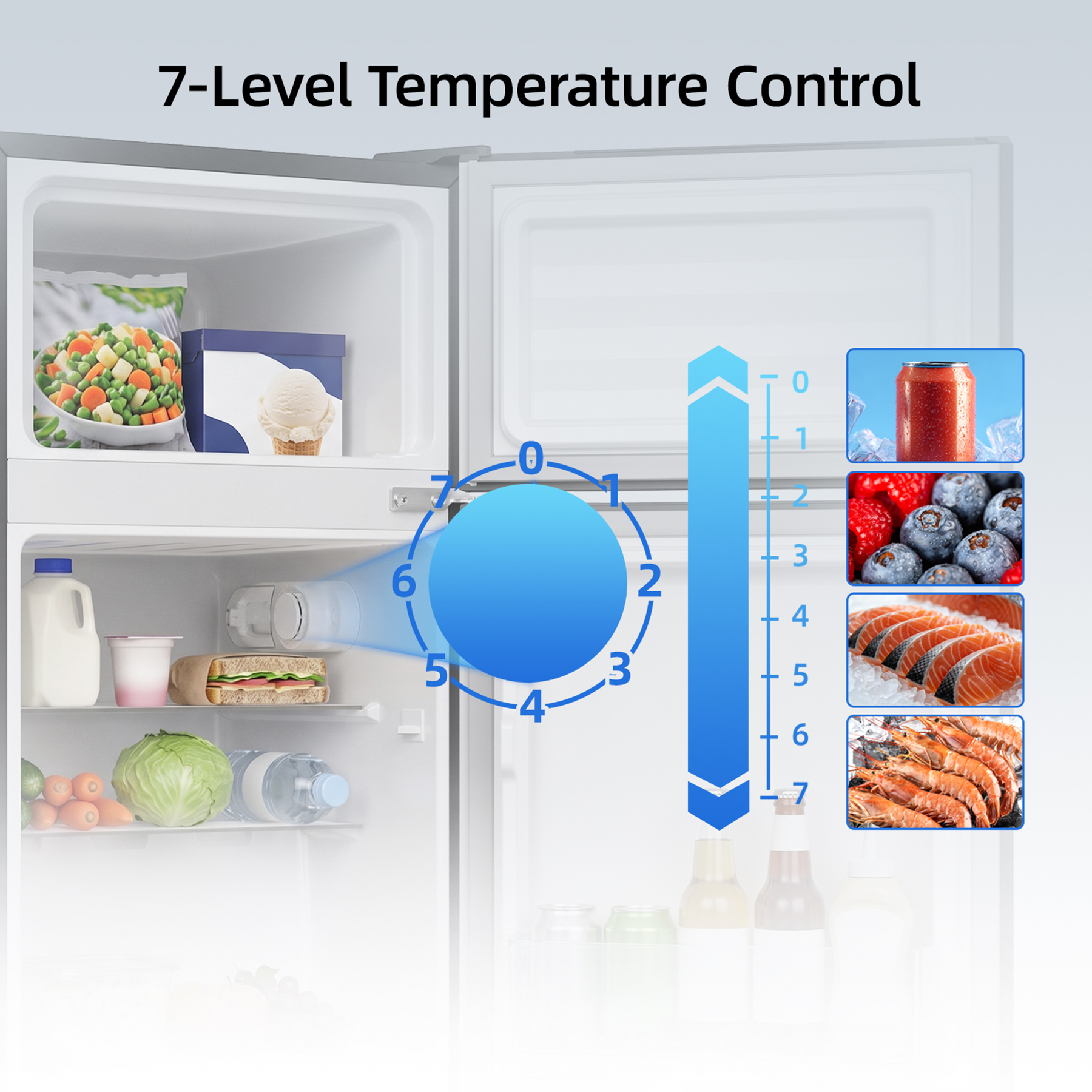 Frigorífico abierto con alimentos y control de temperatura de 7 niveles.