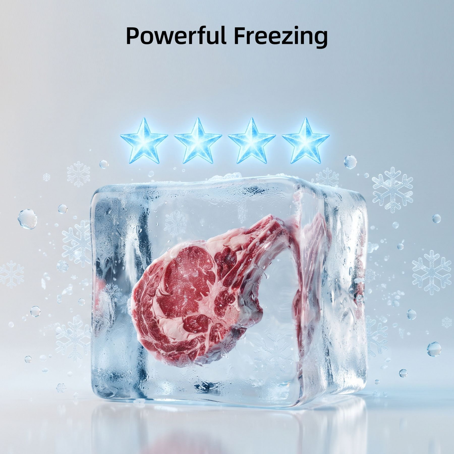 Un corte de carne cruda congelado dentro de un cubo de hielo, con cuatro estrellas azules y copos de nieve.