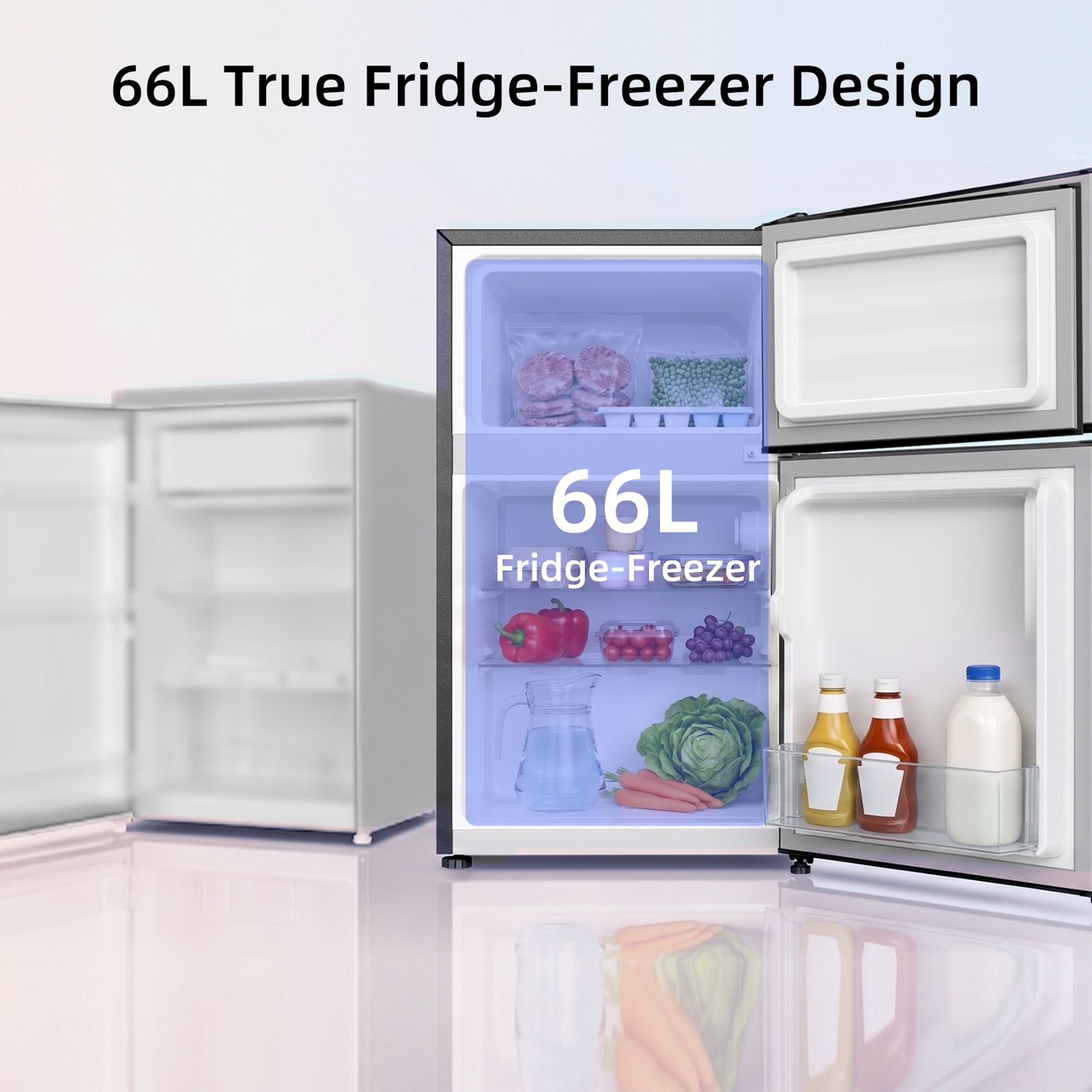 Frigorífico abierto de 66L con estantes llenos y puerta abierta sobre una mesa clara.