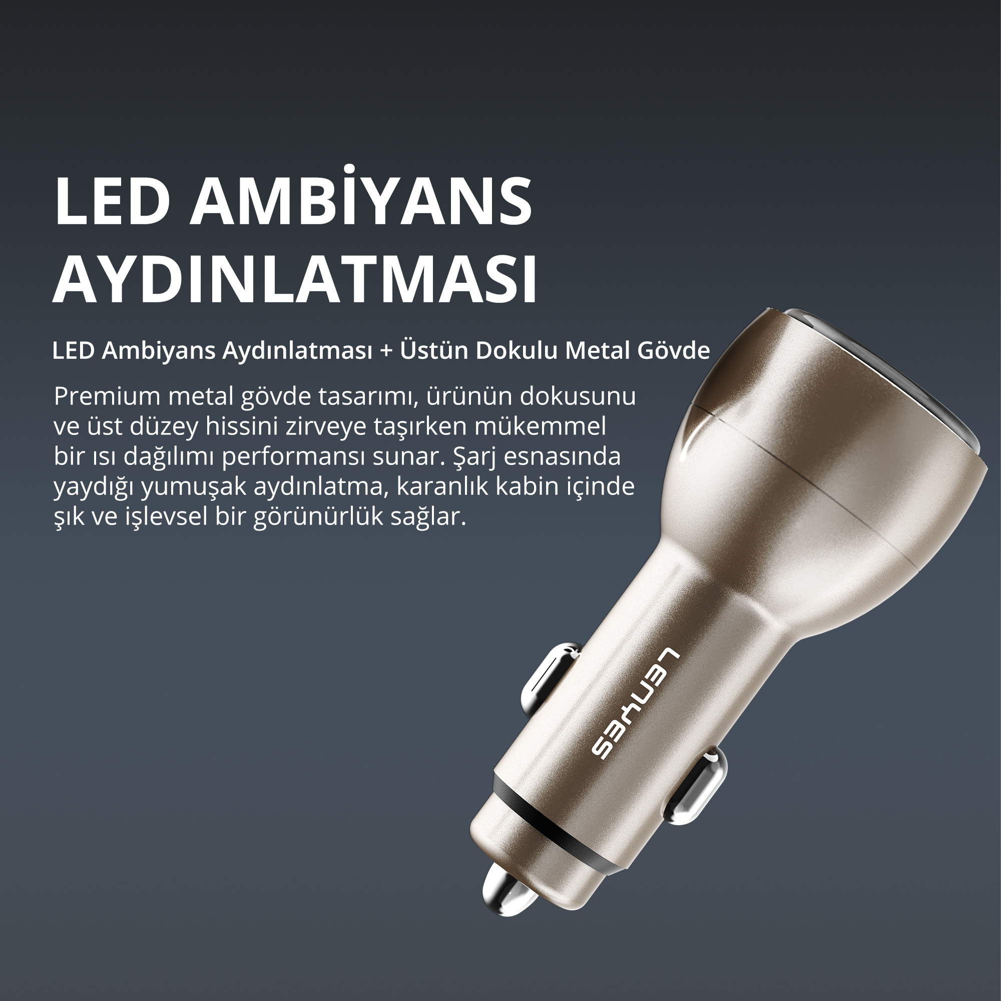 Koyu gri arka planda yazılı, altın renkli metal araç şarj cihazı.