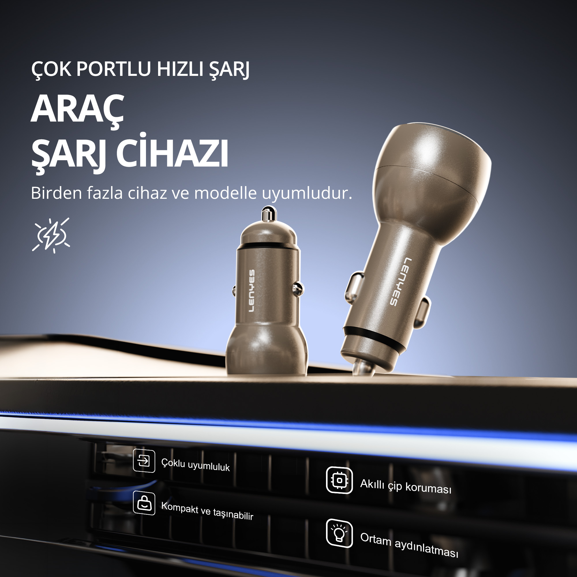 Mavi arka plan önünde iki gri araç şarj cihazı ve Türkçe yazılar.