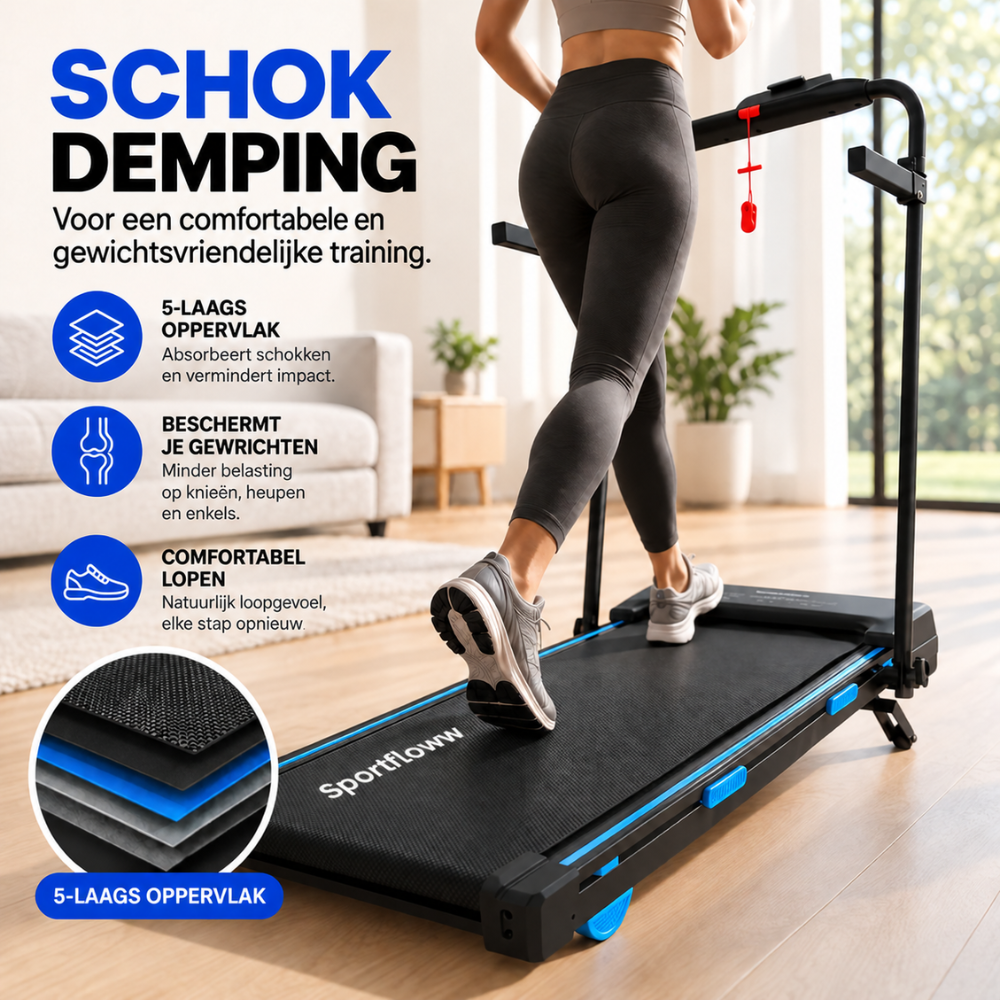 Een persoon rent op een Sportfloww-loopband met schokdempende lagen in een lichte woonkamer.