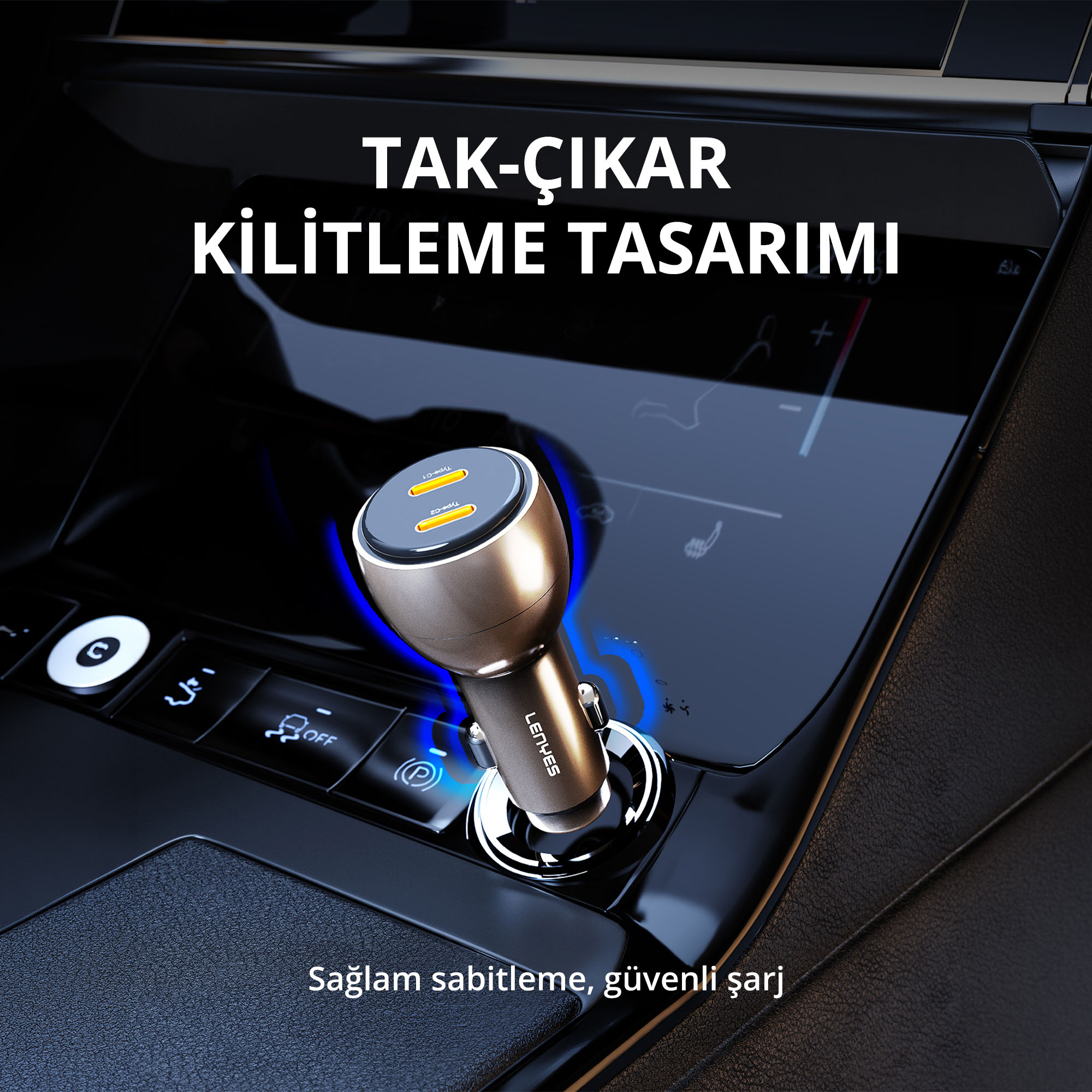 Araç çakmaklığına takılı, çift USB portlu ve mavi ışık vurgulu metalik araç şarj cihazı.
