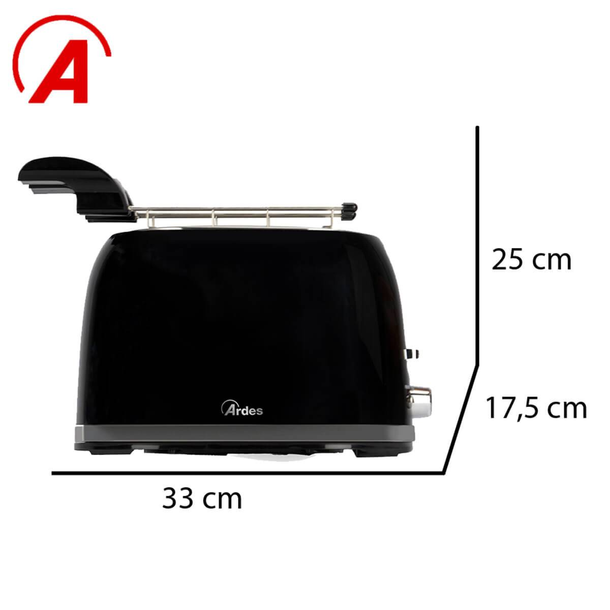 Czarny toster Ardes o wymiarach: szerokość 33 cm, wysokość 17,5 cm i 25 cm z rusztem.