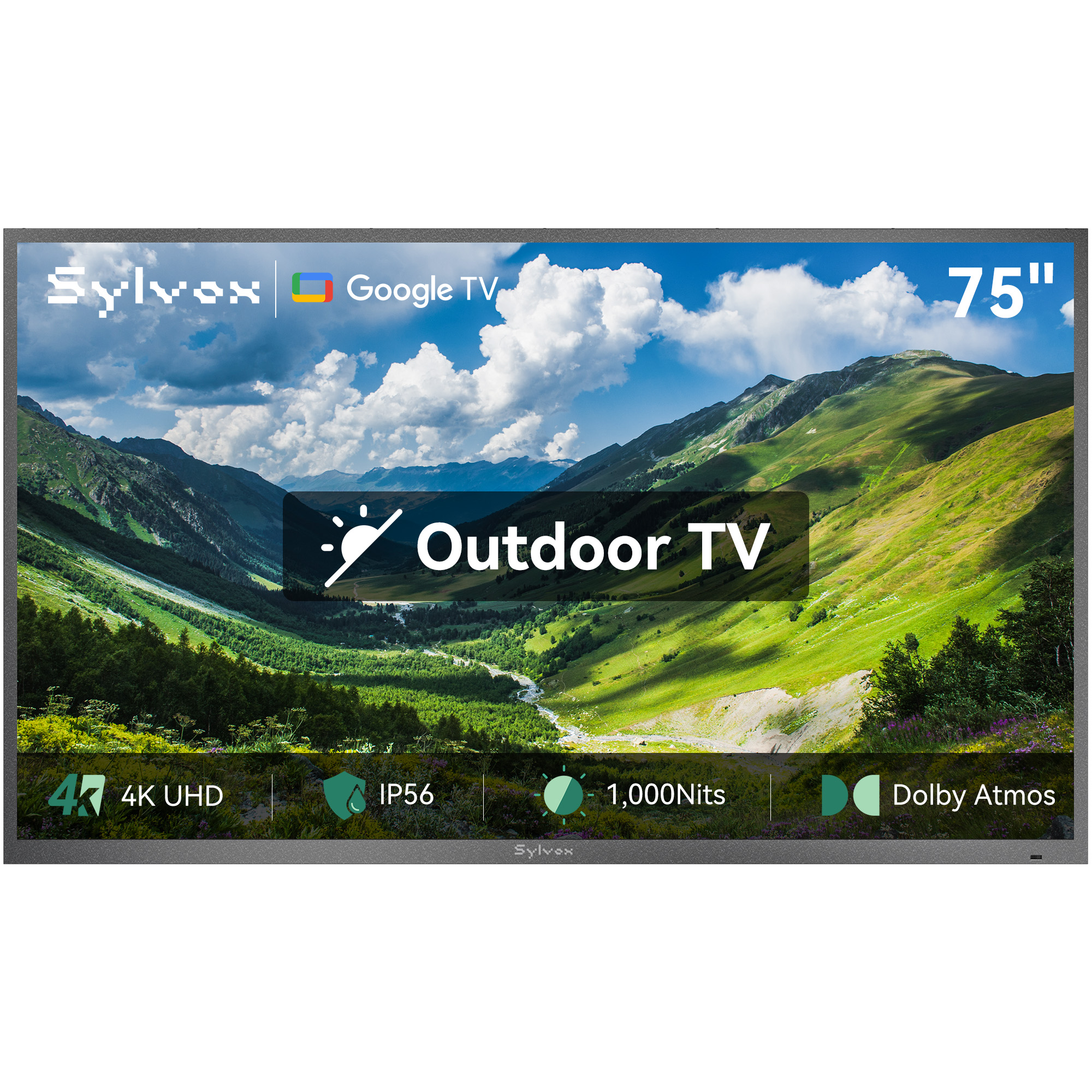 Ein 75-Zoll-Outdoor-Fernseher mit Bergszene, Google TV, 4K UHD, IP56, 1000 Nits und Dolby Atmos.