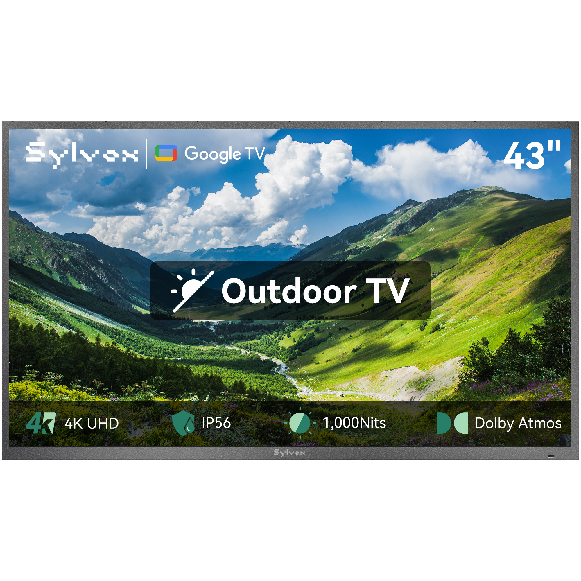Ein 43-Zoll-Sylvox-Outdoor-Fernseher zeigt ein Tal mit Bergen, mit 4K UHD, IP56, 1.000 Nits und Dolby Atmos.