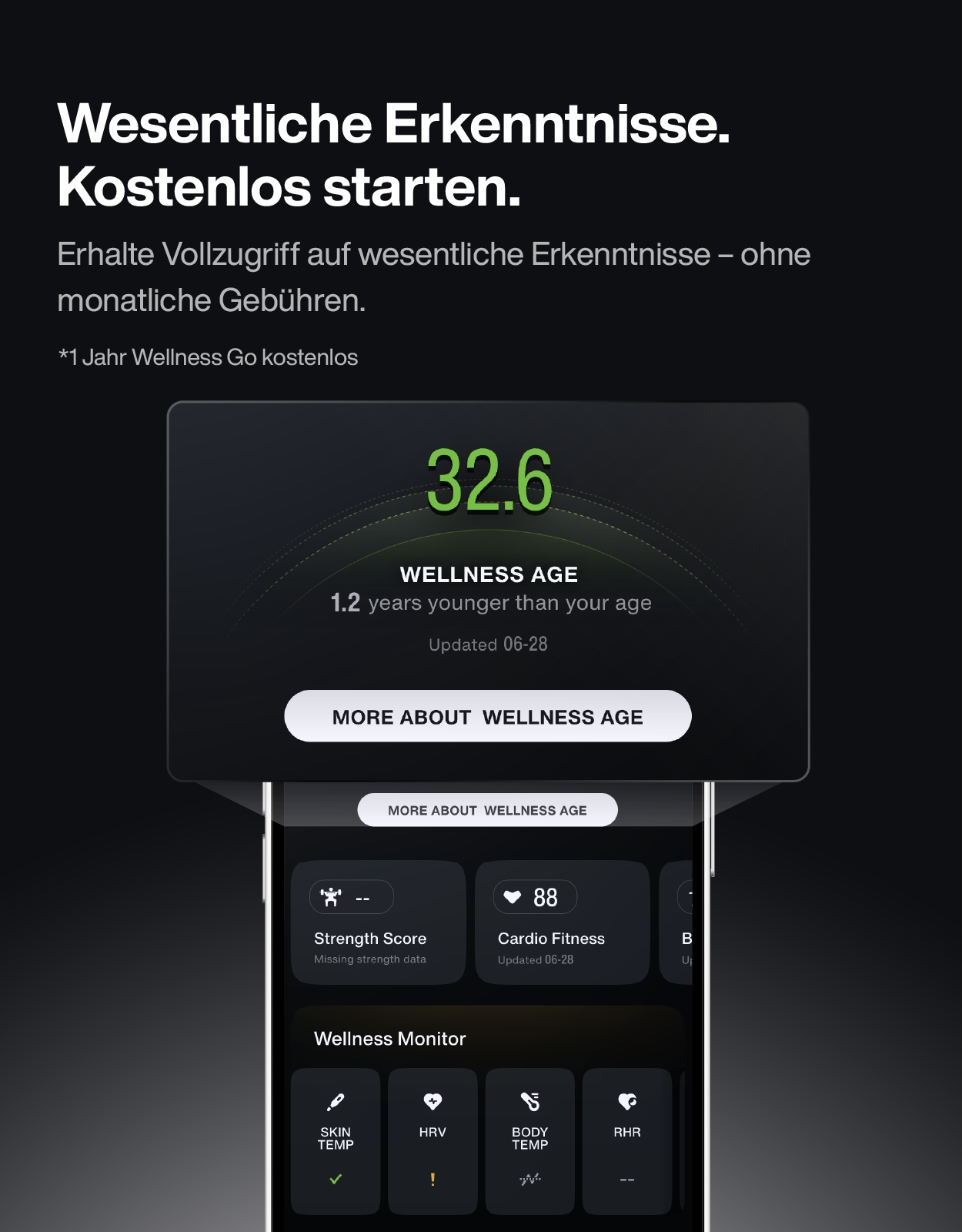 App-Bildschirm zeigt Wellness-Alter 32.6, Kraftwert und Gesundheitsdaten auf dunklem Hintergrund.