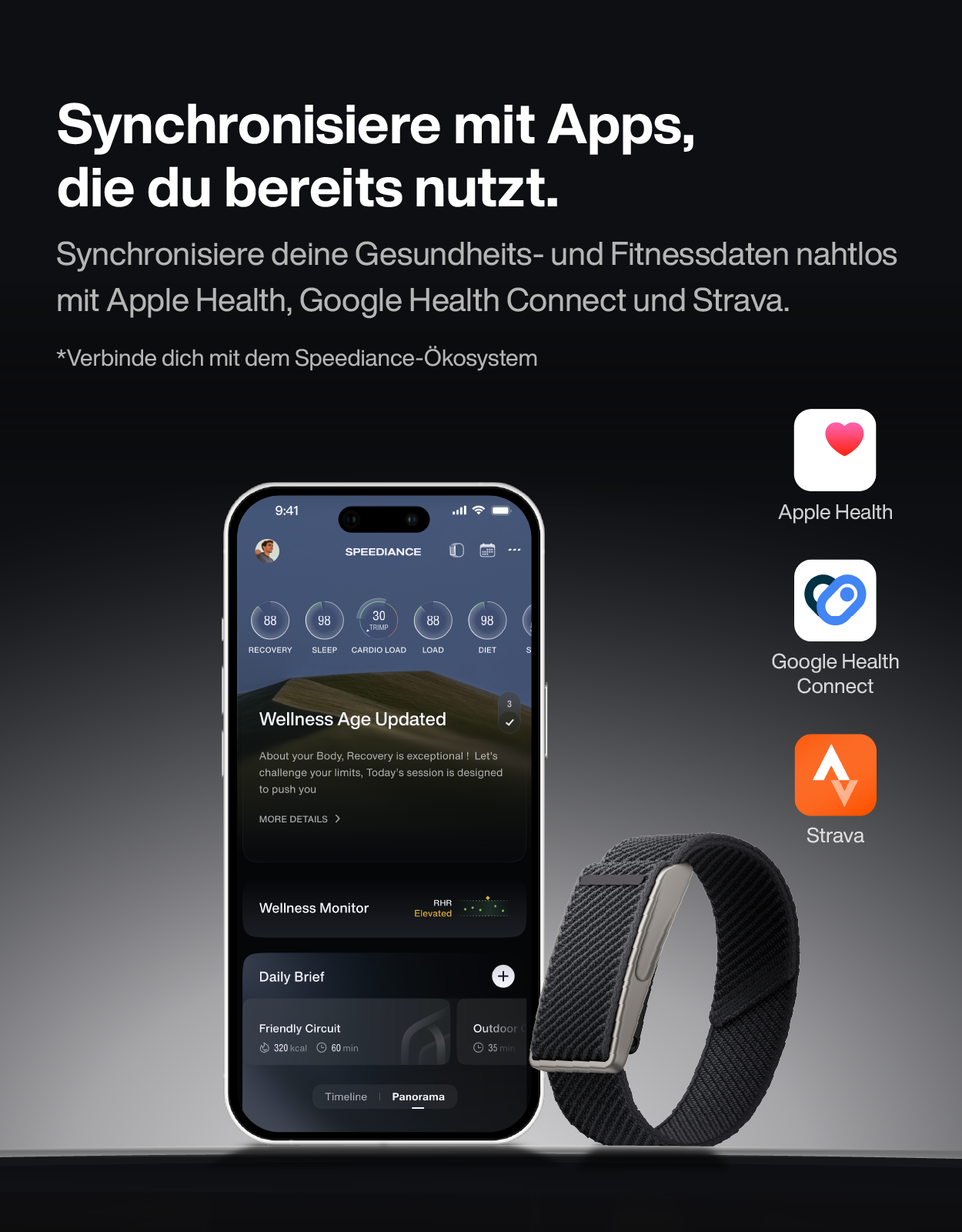 Smartphone mit Fitness-App und schwarzer Smartwatch-Armband neben App-Logos.