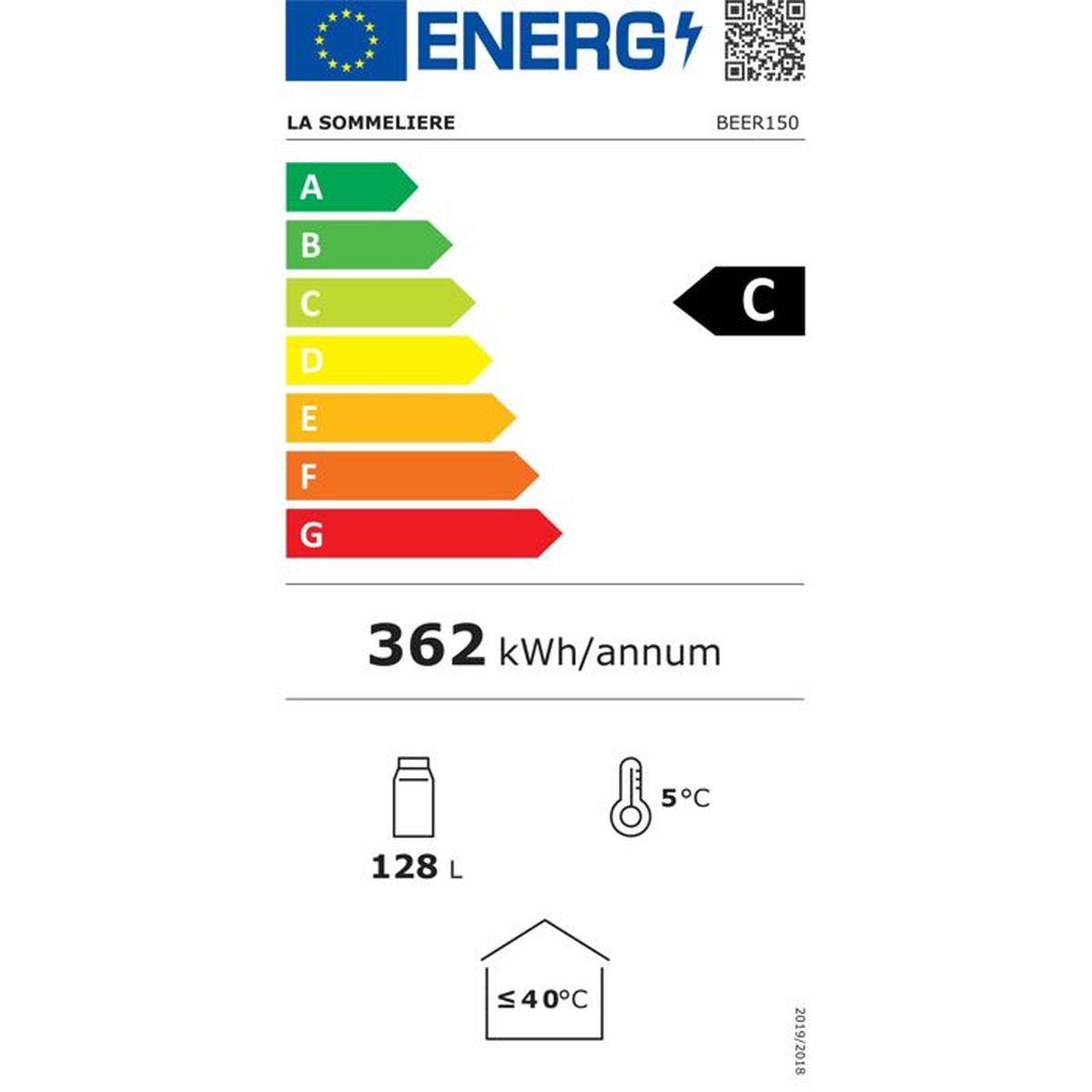 Etiqueta energética C para La Sommeliere BEER150, 362 kWh/año, 128 L, 5°C, máx 40°C.