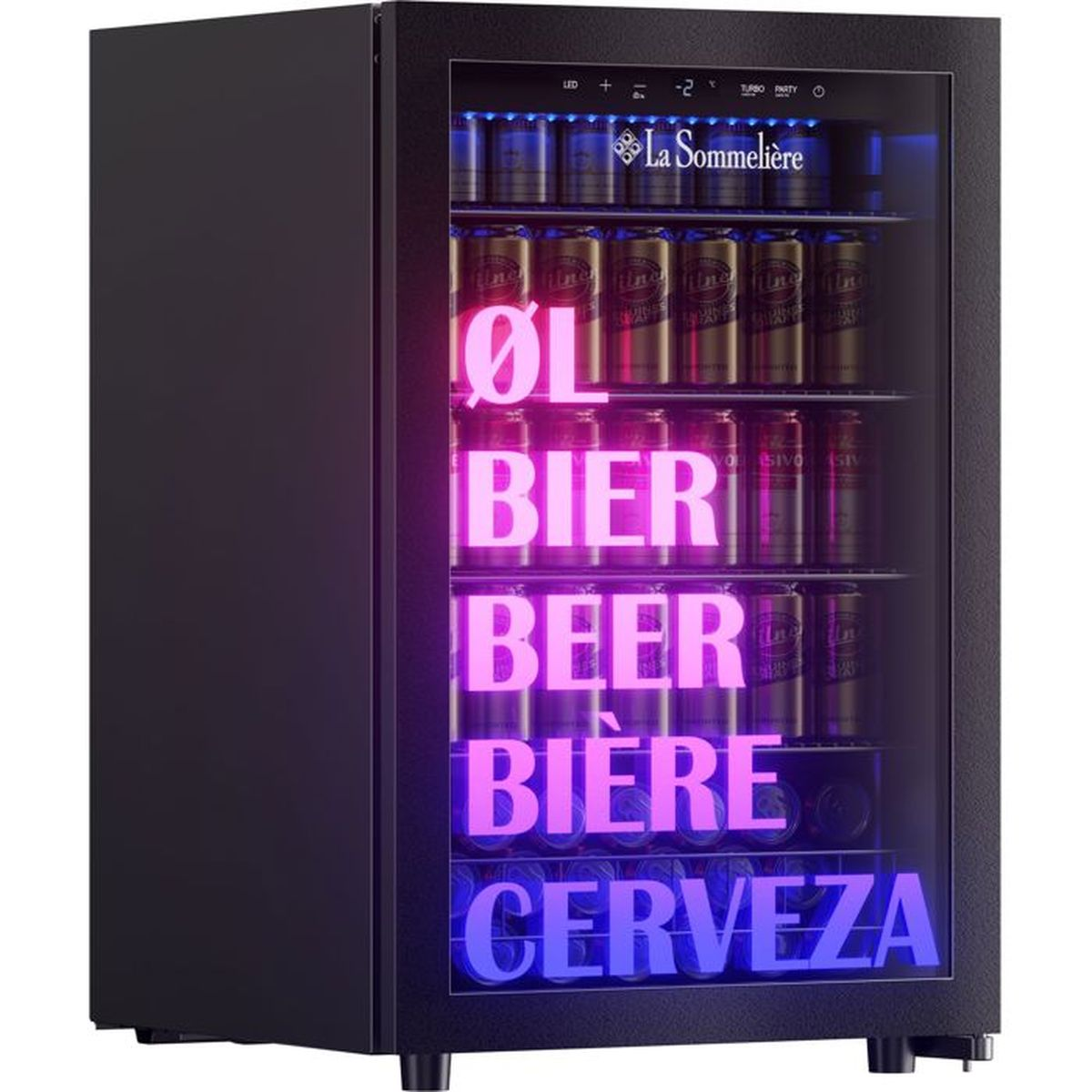 Nevera negra La Sommeliere con latas de cerveza y la palabra cerveza en varios idiomas iluminada en el cristal.