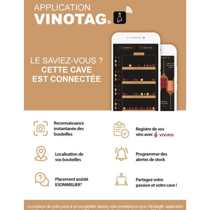 Cartel promocional de la aplicación Vinotag que muestra pantallas de teléfonos y funciones.