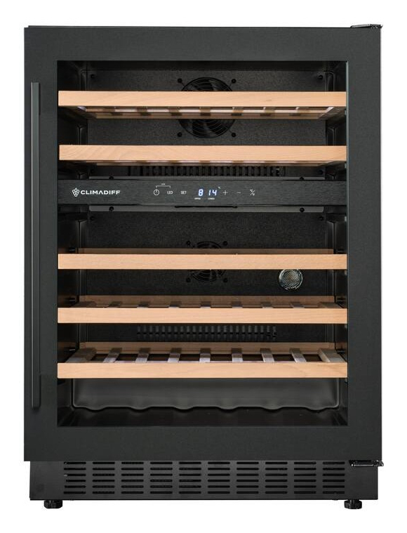 Nevera para vino negra con estantes de madera y pantalla digital de temperatura.