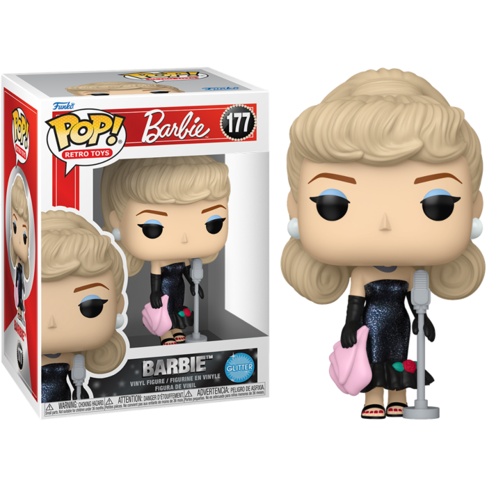 Eine Funko Pop Barbie Vinyl-Figur im glitzernden schwarzen Kleid mit Mikrofon und Verpackung.