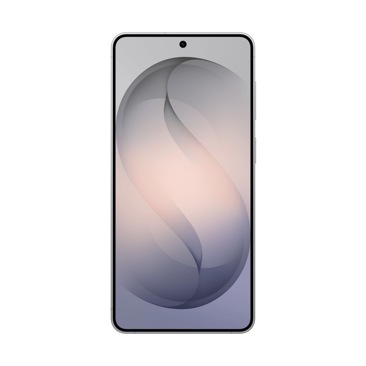 Uno smartphone che mostra un motivo di sfondo curvo grigio e rosa astratto.