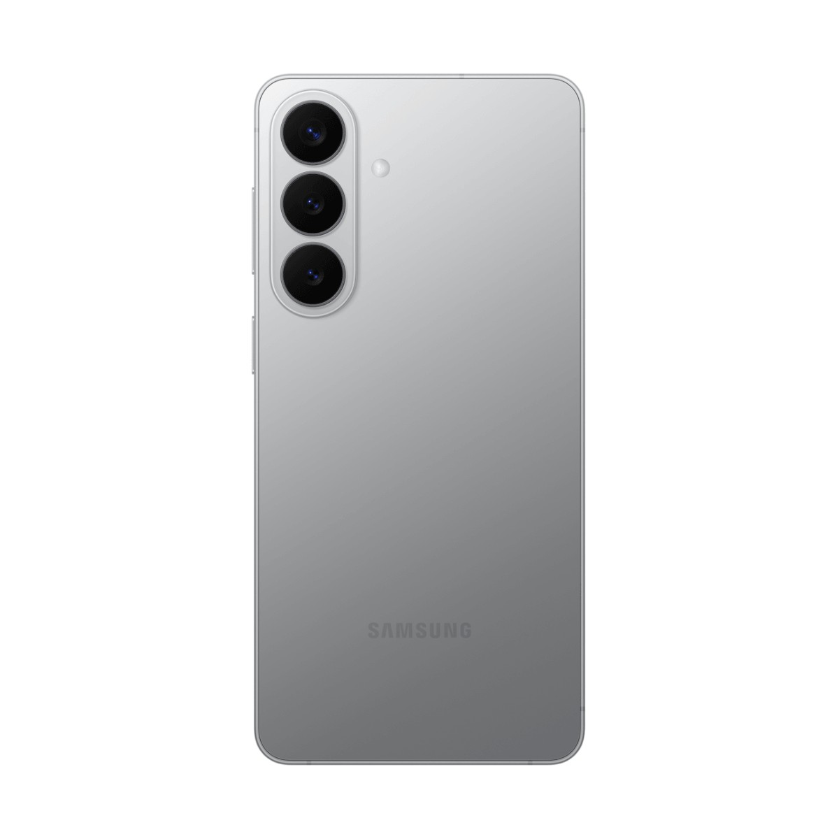 Retro di uno smartphone argento con tre fotocamere verticali e il logo Samsung.