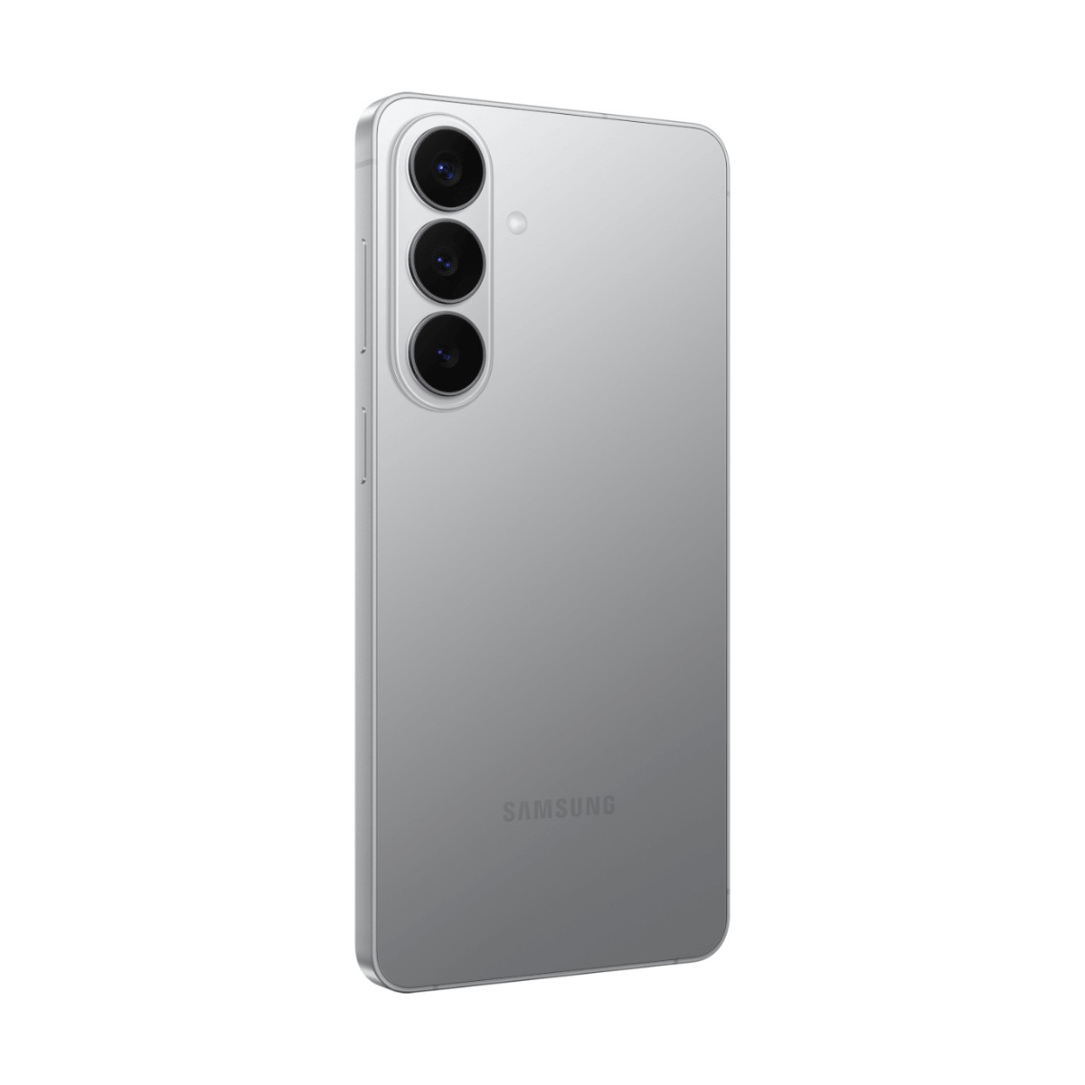 Il retro di uno smartphone argento con tre fotocamere allineate verticalmente e il logo Samsung in basso.