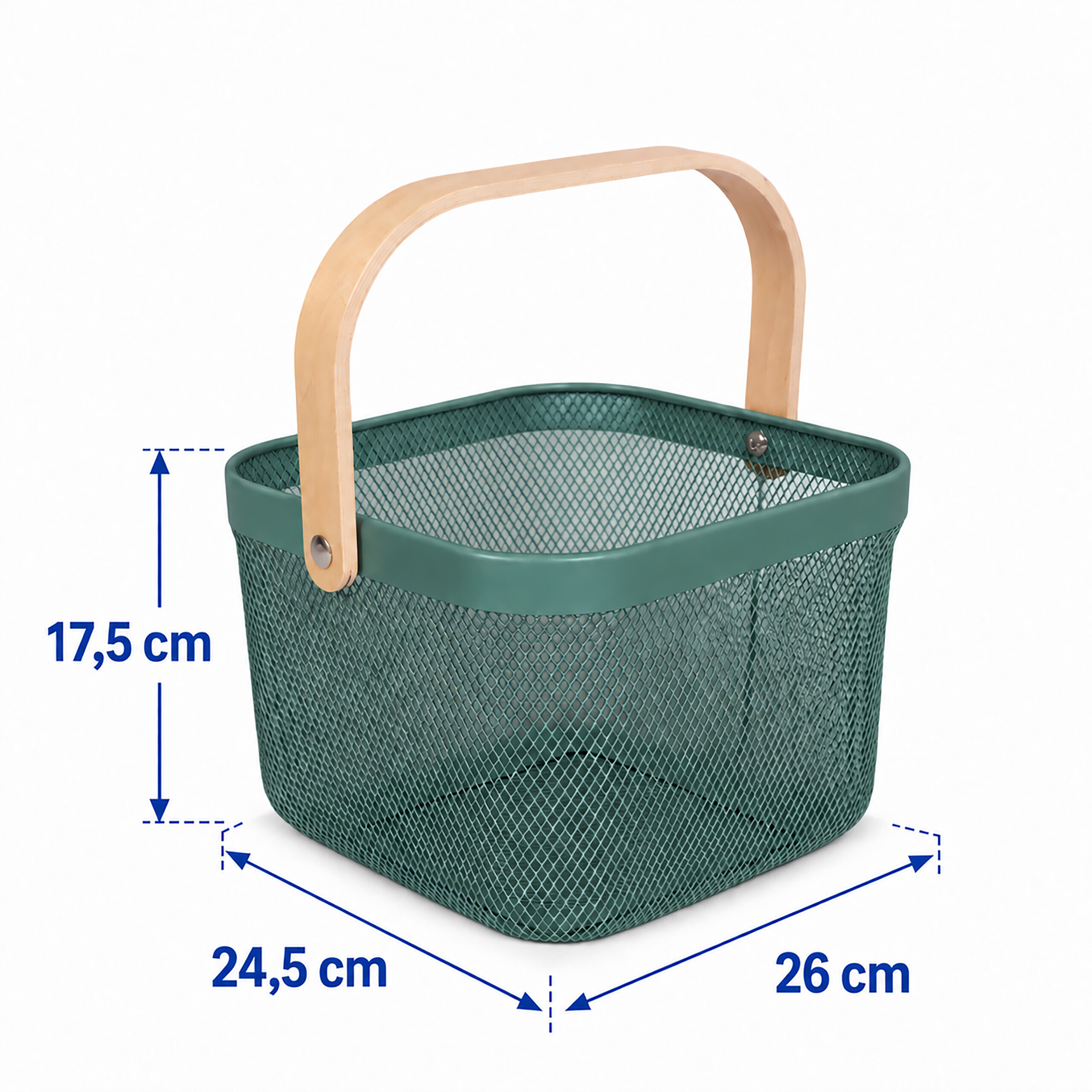 Grüner Aufbewahrungskorb aus Netz mit Holzgriff, Maße: 17,5 cm Höhe, 24,5 cm Breite, 26 cm Länge.