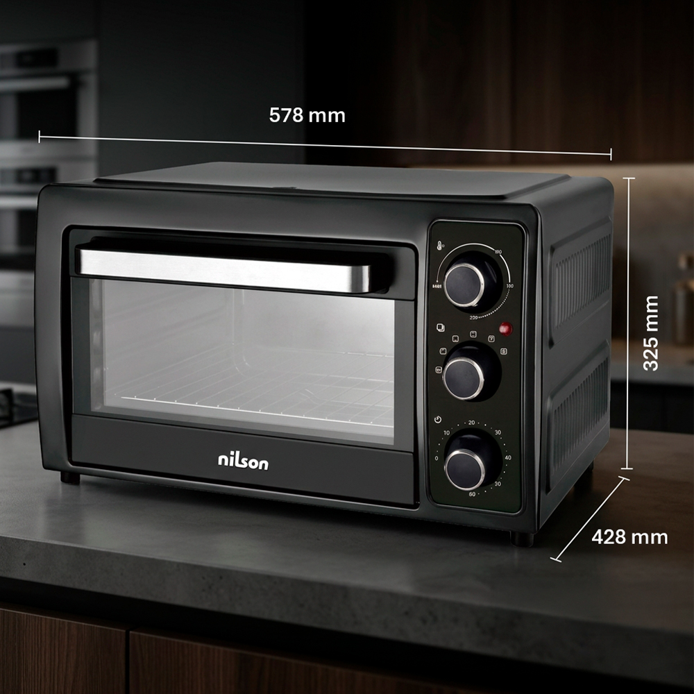 Un mini horno Nilson negro en la encimera con líneas de cota.
