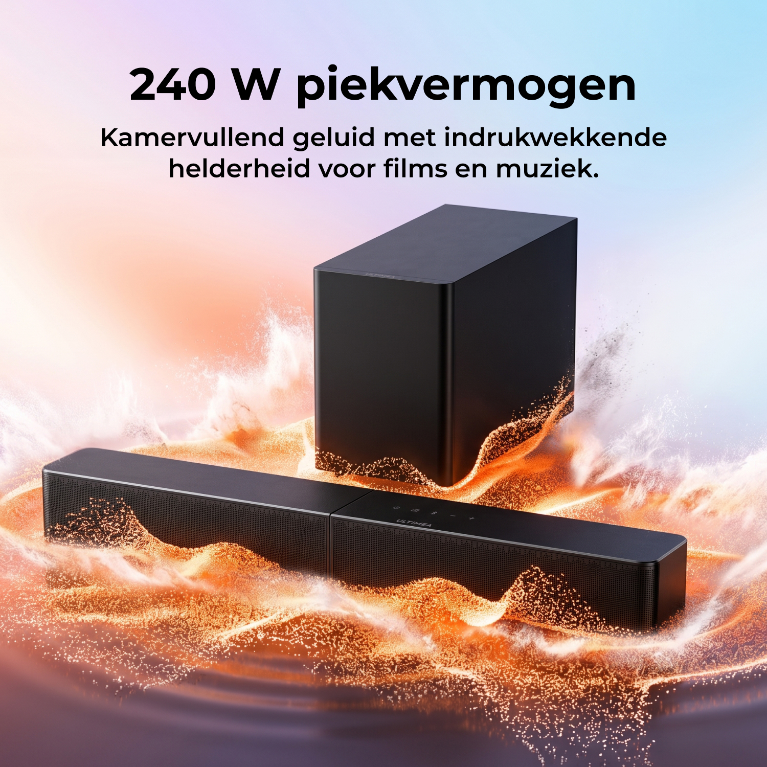 Een zwarte soundbar en subwoofer omringd door oranje geluidsgolven tegen een verloopachtergrond.