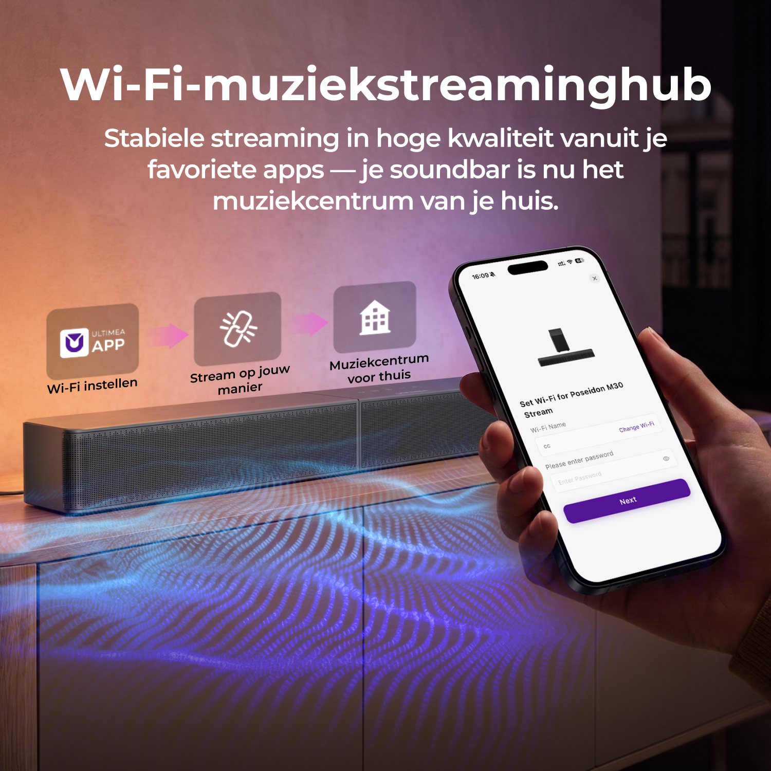 Een hand houdt een smartphone vast met wifi-instellingen naast een soundbar op een houten kast.