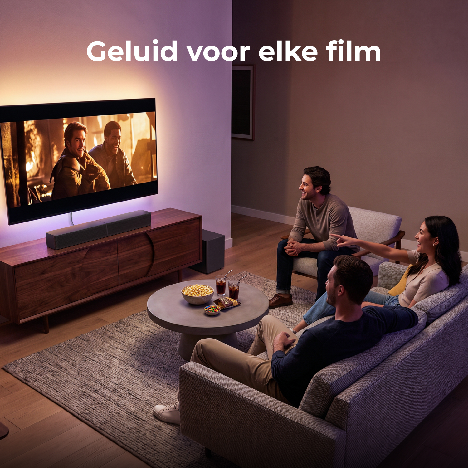Drie personen kijken vrolijk tv in een gezellig, sfeervol verlicht woonkamer met snacks.