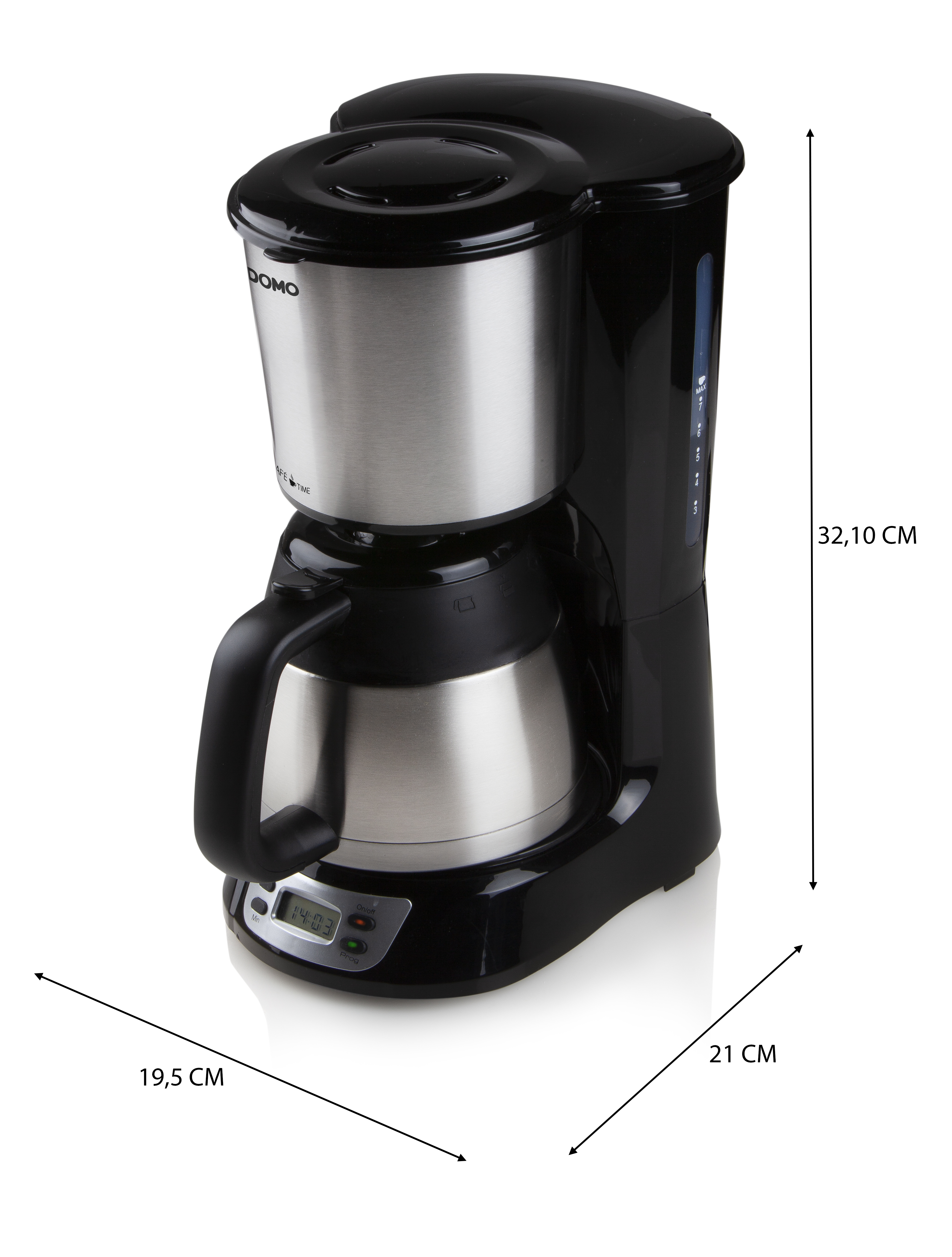 Cafetière noire et en acier inoxydable aux dimensions de 19,5x21x32,1 cm.