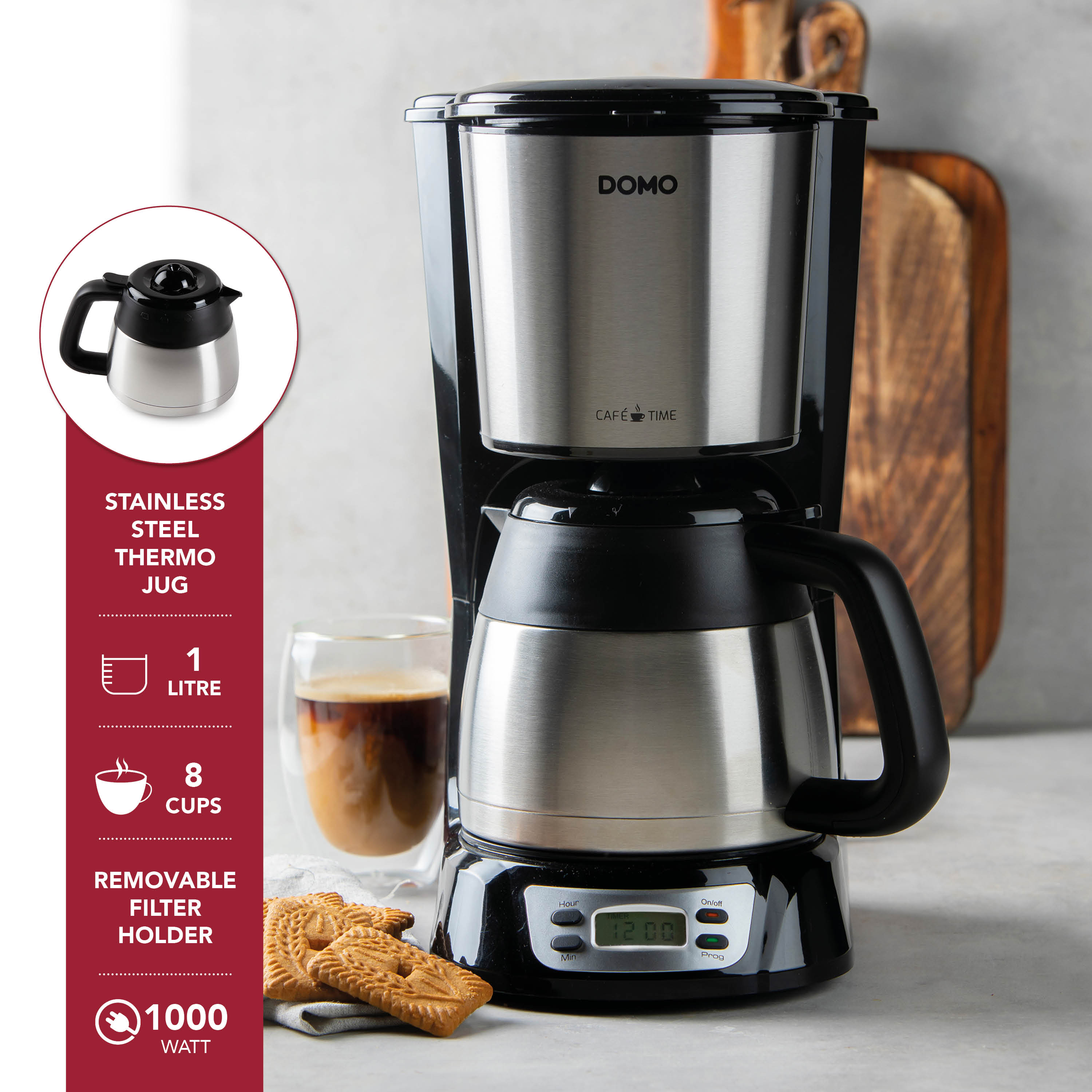 Cafetière filtre en acier inoxydable Domo avec verseuse isotherme, écran numérique, biscuits et café.