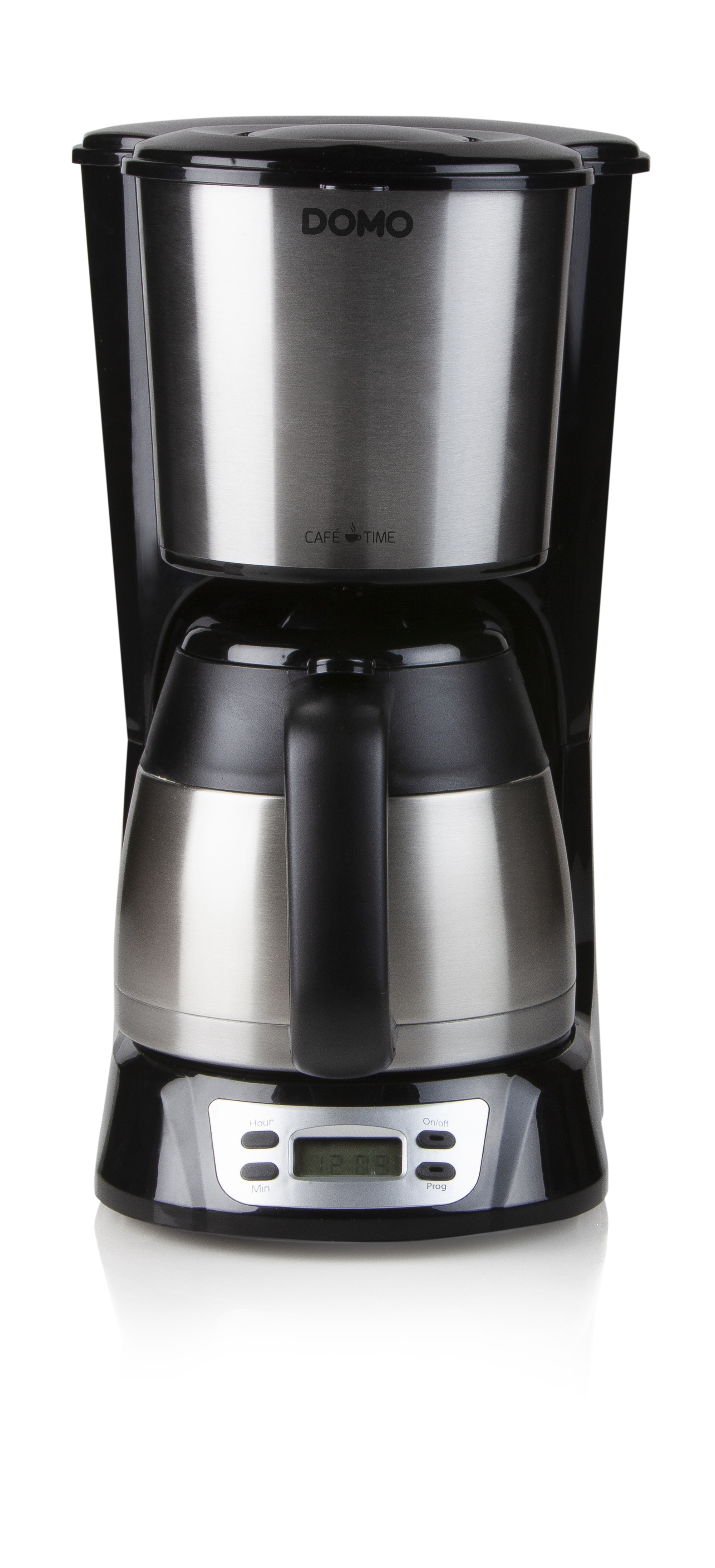 Cafetière filtre DOMO noire et argentée avec verseuse isotherme et affichage numérique sur fond blanc.