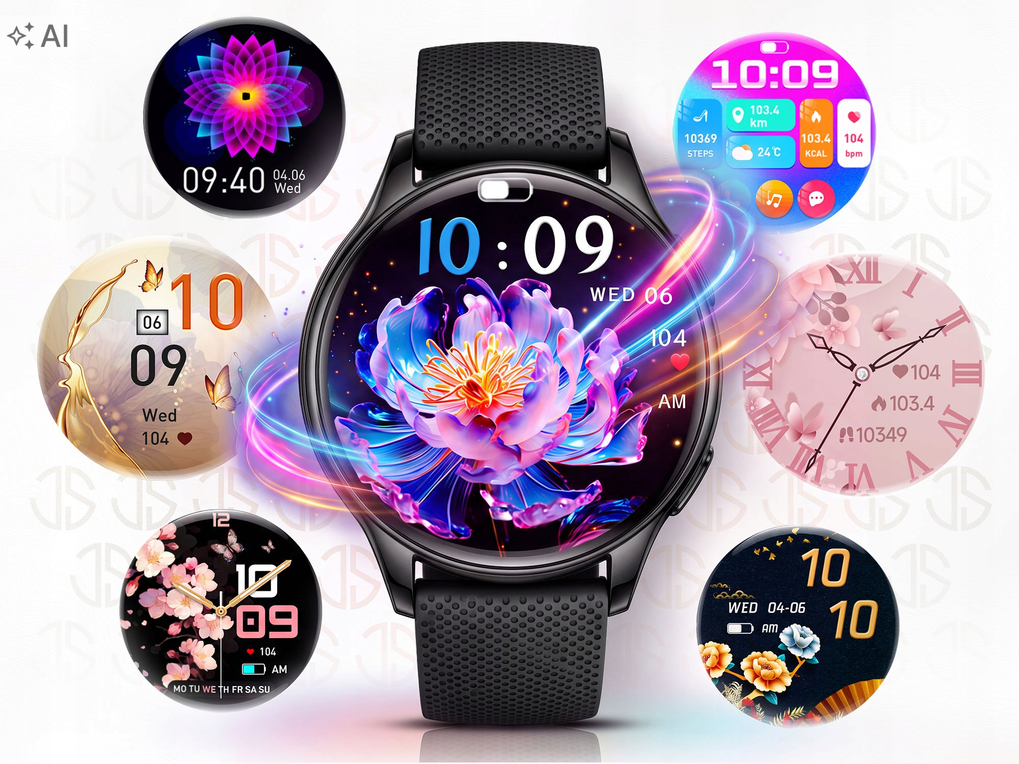 Czarny smartwatch w centrum, otoczony różnymi kolorowymi tarczami zegarka na jasnym tle.