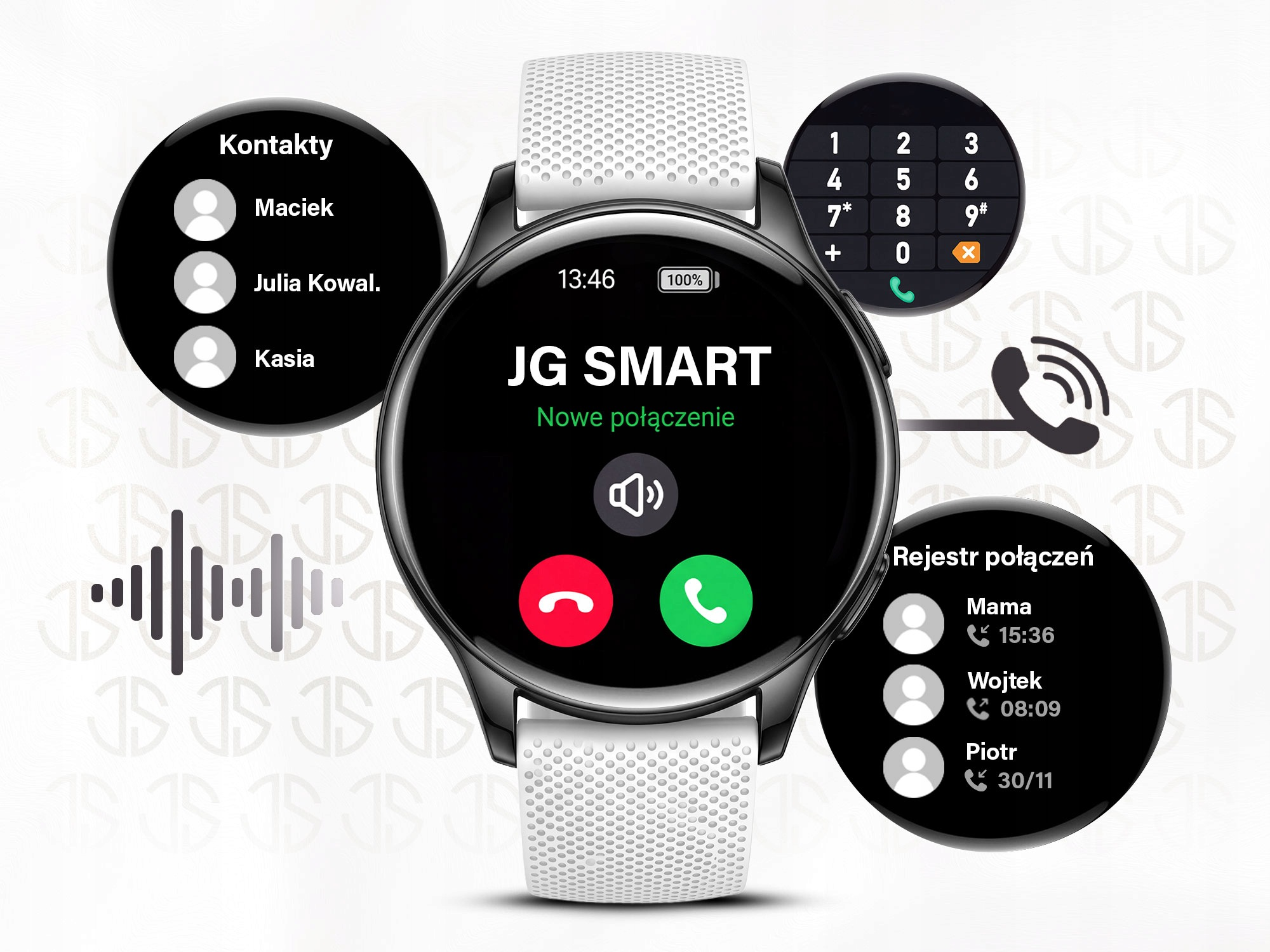 Smartwatch z interfejsem połączeń, kontaktami i klawiaturą numeryczną.