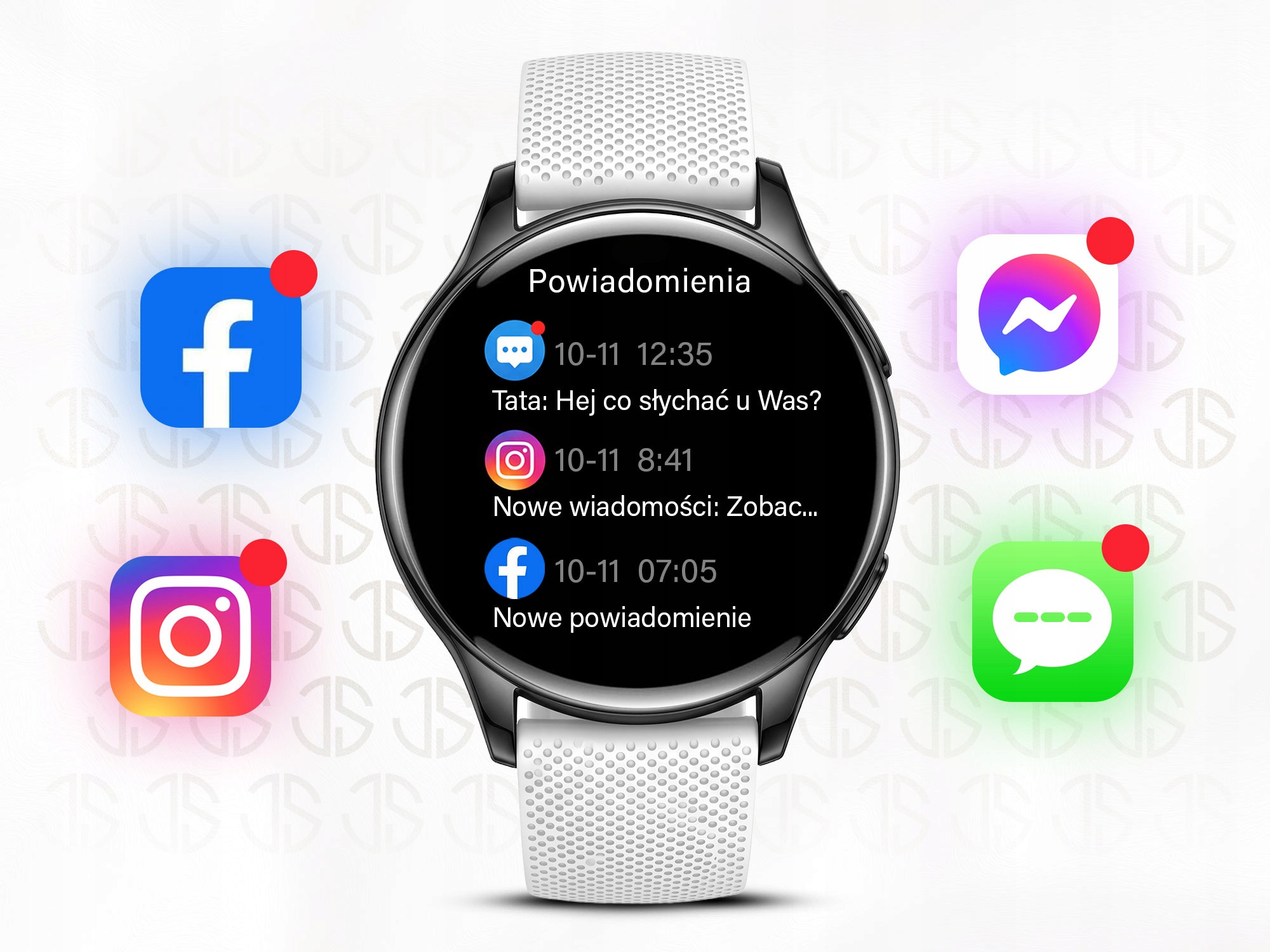 Czarny smartwatch z białym paskiem wyświetla powiadomienia, otoczony ikonami aplikacji społecznościowych.