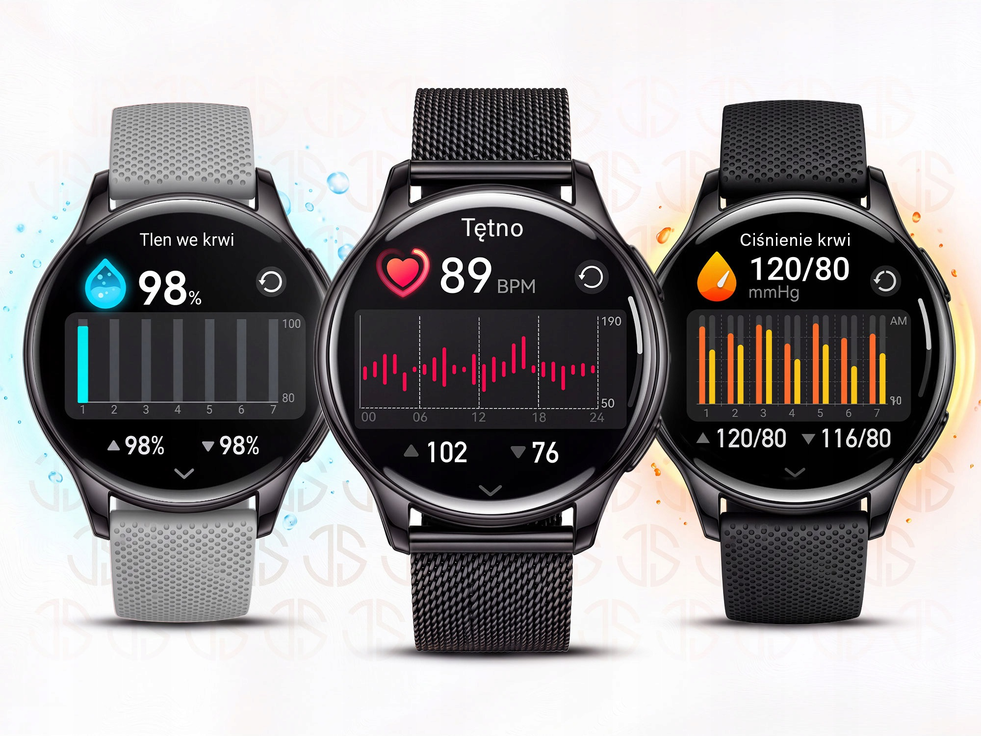 Trzy smartwatch wyświetlają na ekranach parametry zdrowotne, takie jak tlen we krwi, puls i ciśnienie.