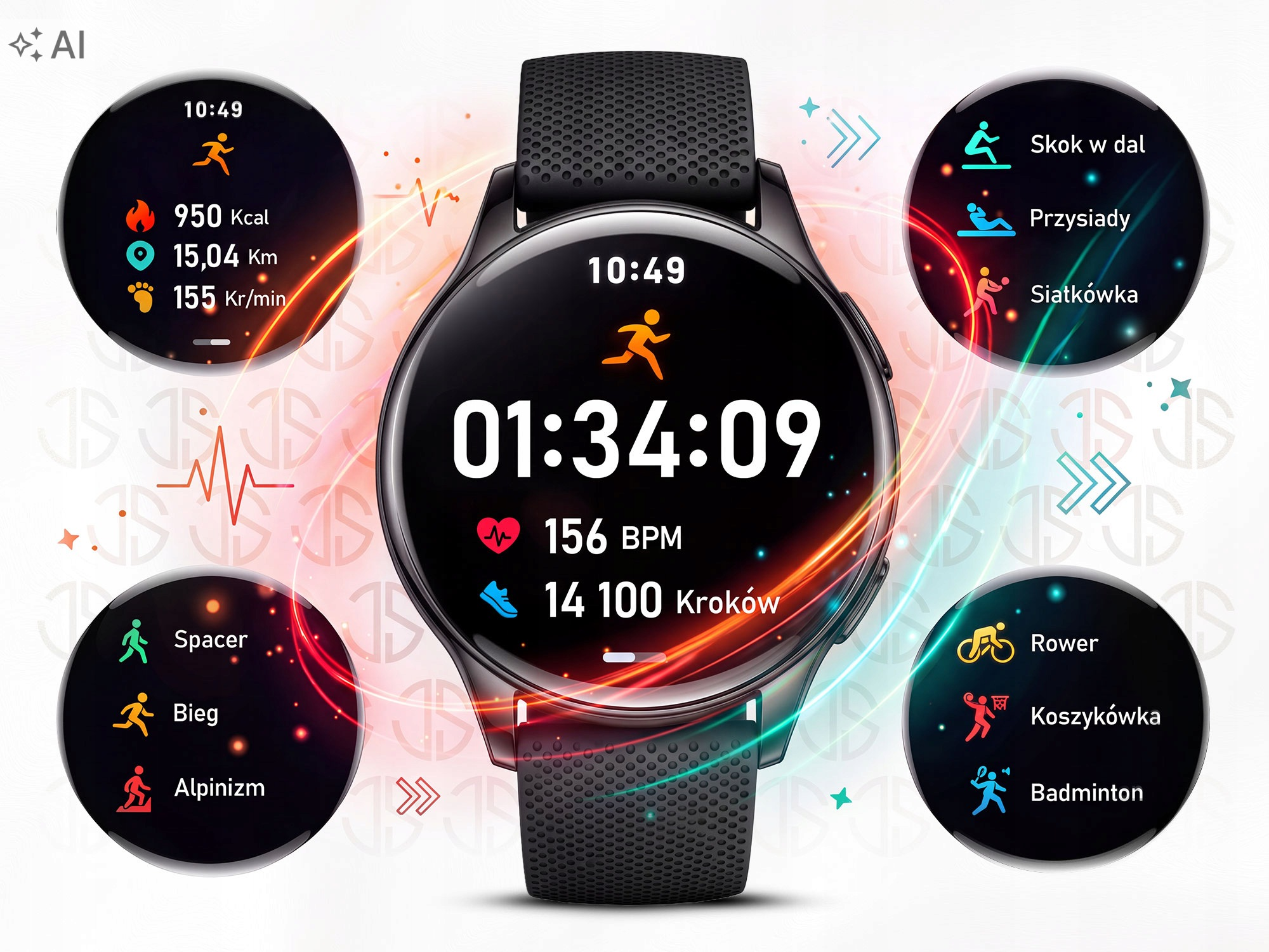 Czarny smartwatch wyświetlający dane treningowe, otoczony okrągłymi menu z różnymi trybami sportowymi.