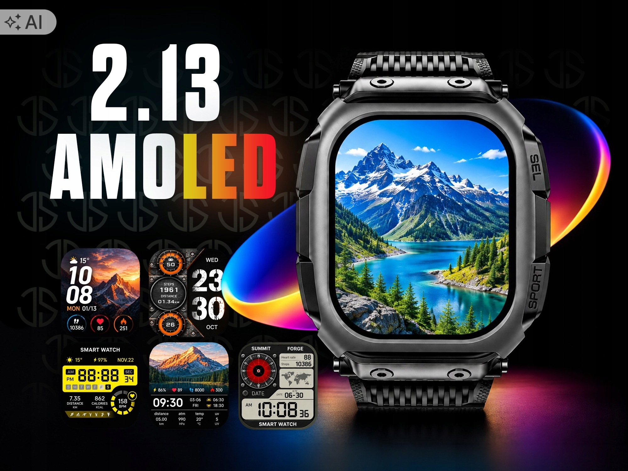 Wytrzymały smartwatch z ekranem AMOLED przedstawia gorski krajobraz, otoczony tarczami zegarka.