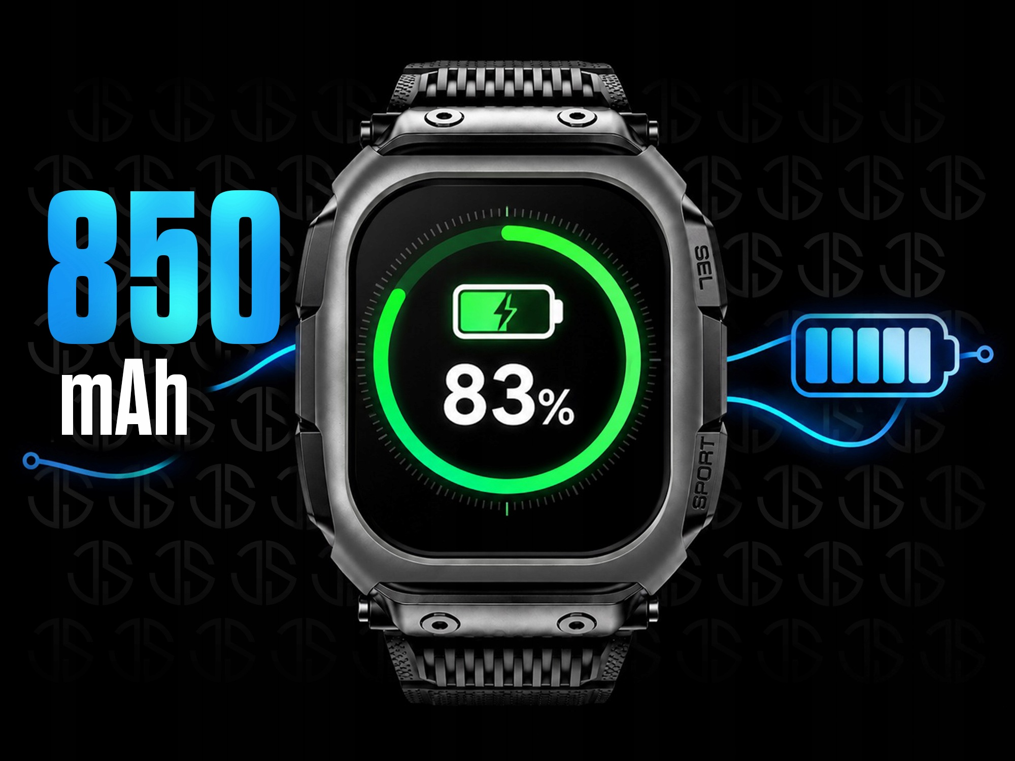 Wytrzymały smartwatch pokazuje 83 procent baterii i 850 mAh.
