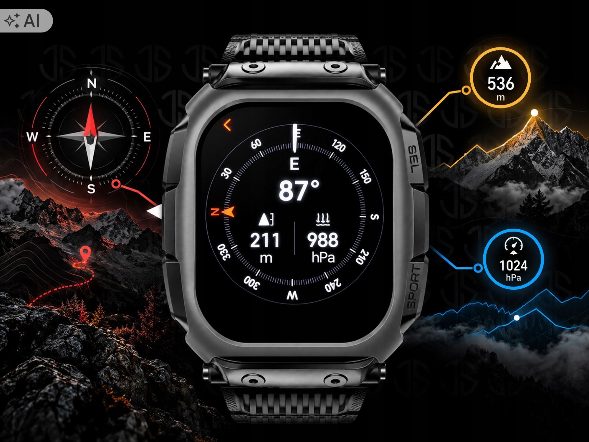 Wytrzymały smartwatch outdoorowy z wyświetlaczem kompasu i tłem górskim.