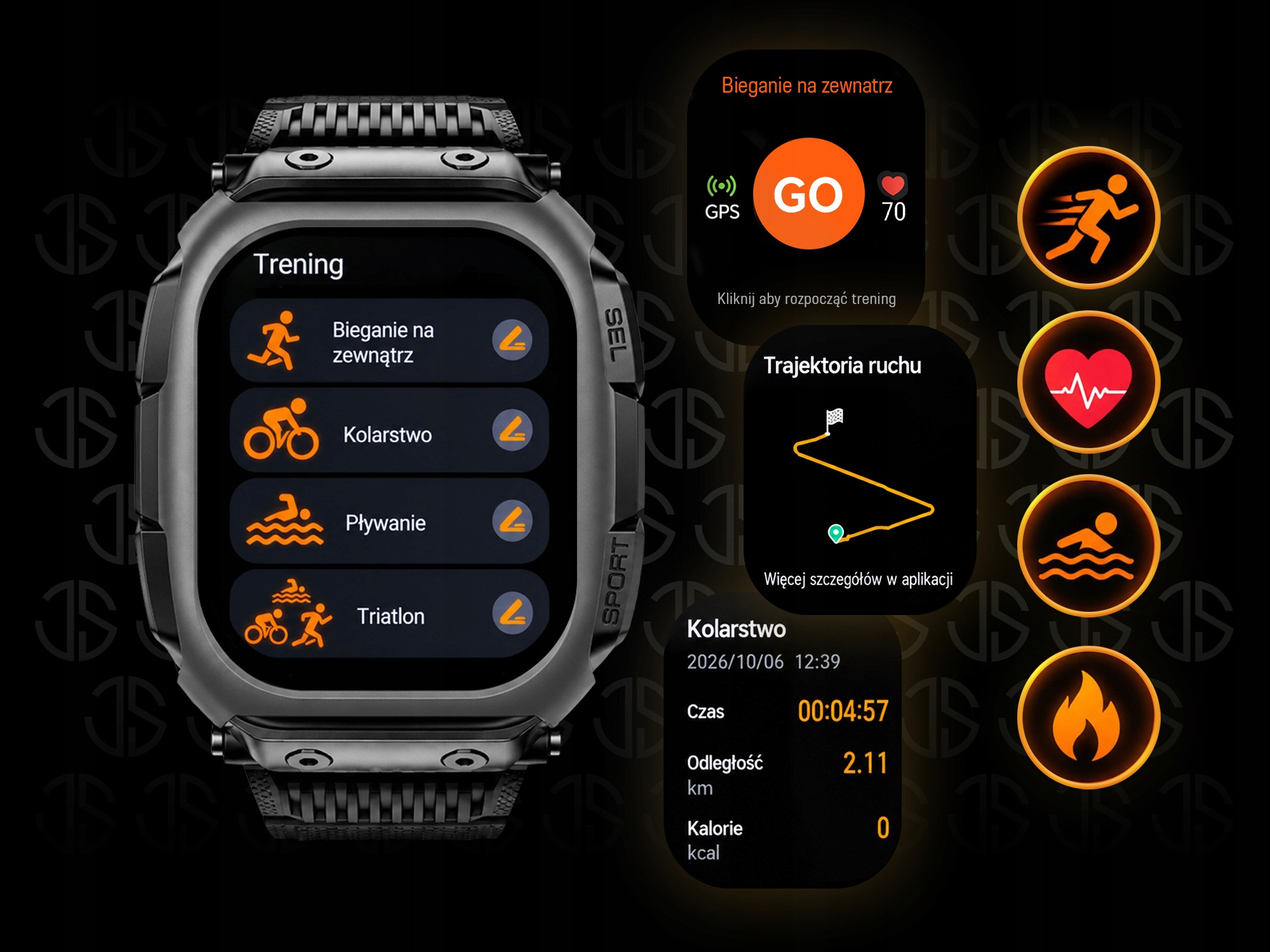 Wytrzymały smartwatch pokazuje tryby sportowe, GPS i dane fitness.