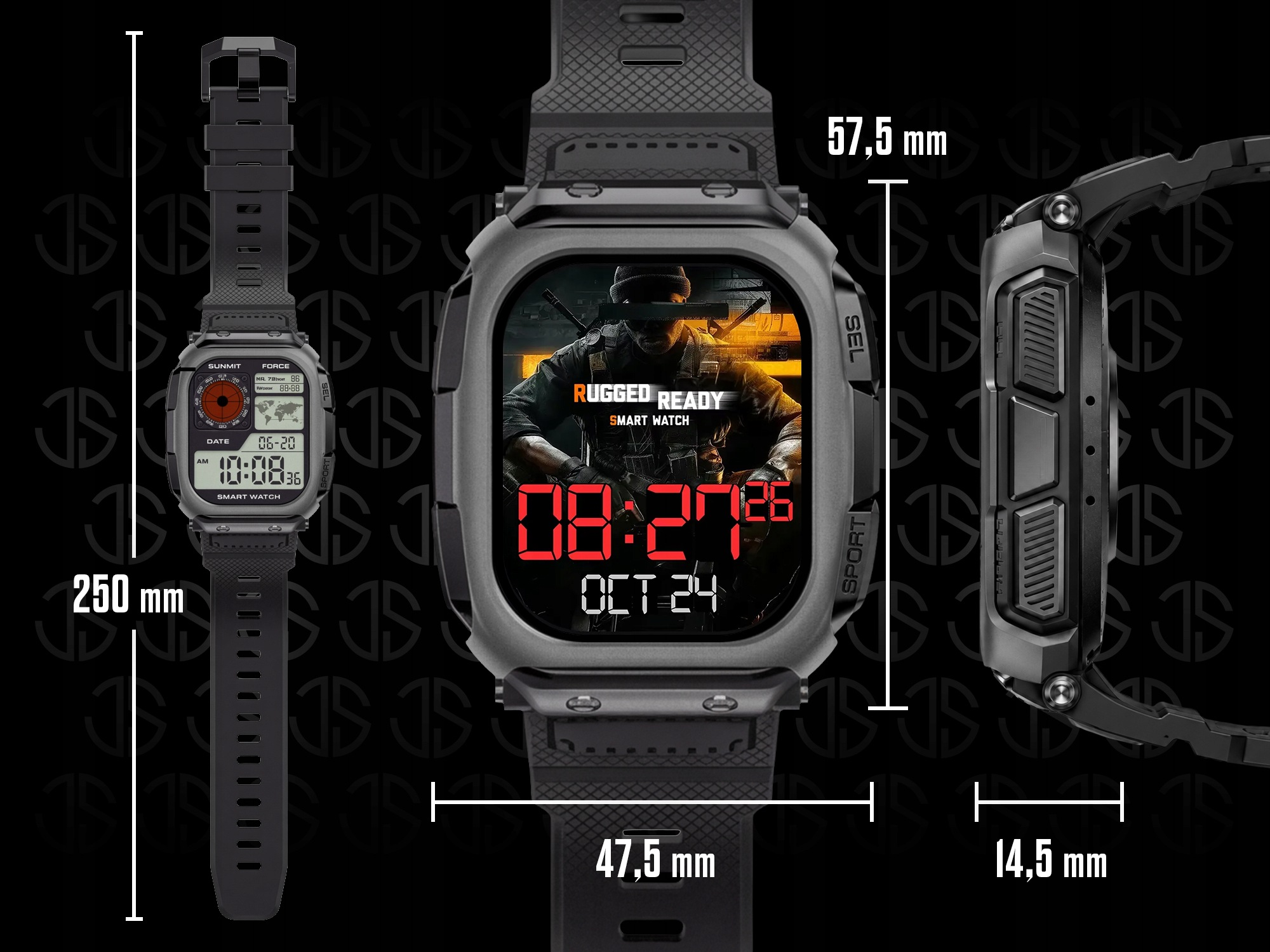 Czarny, wytrzymały smartwatch z wymiarami w milimetrach i cyfrowym wyświetlaczem.
