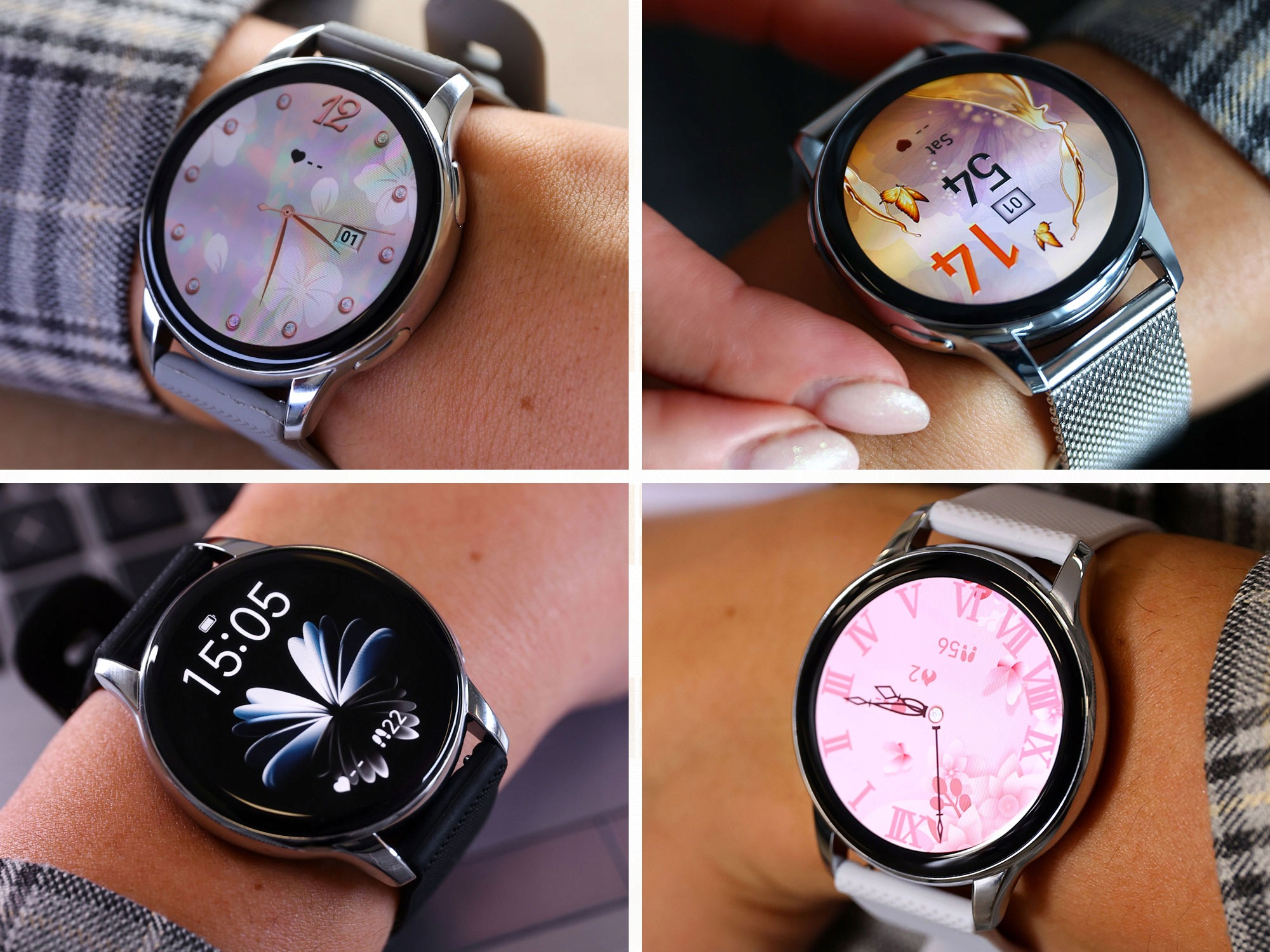 Cztery zdjęcia okrągłych smartwatchy z różnymi tarczami na nadgarstku.