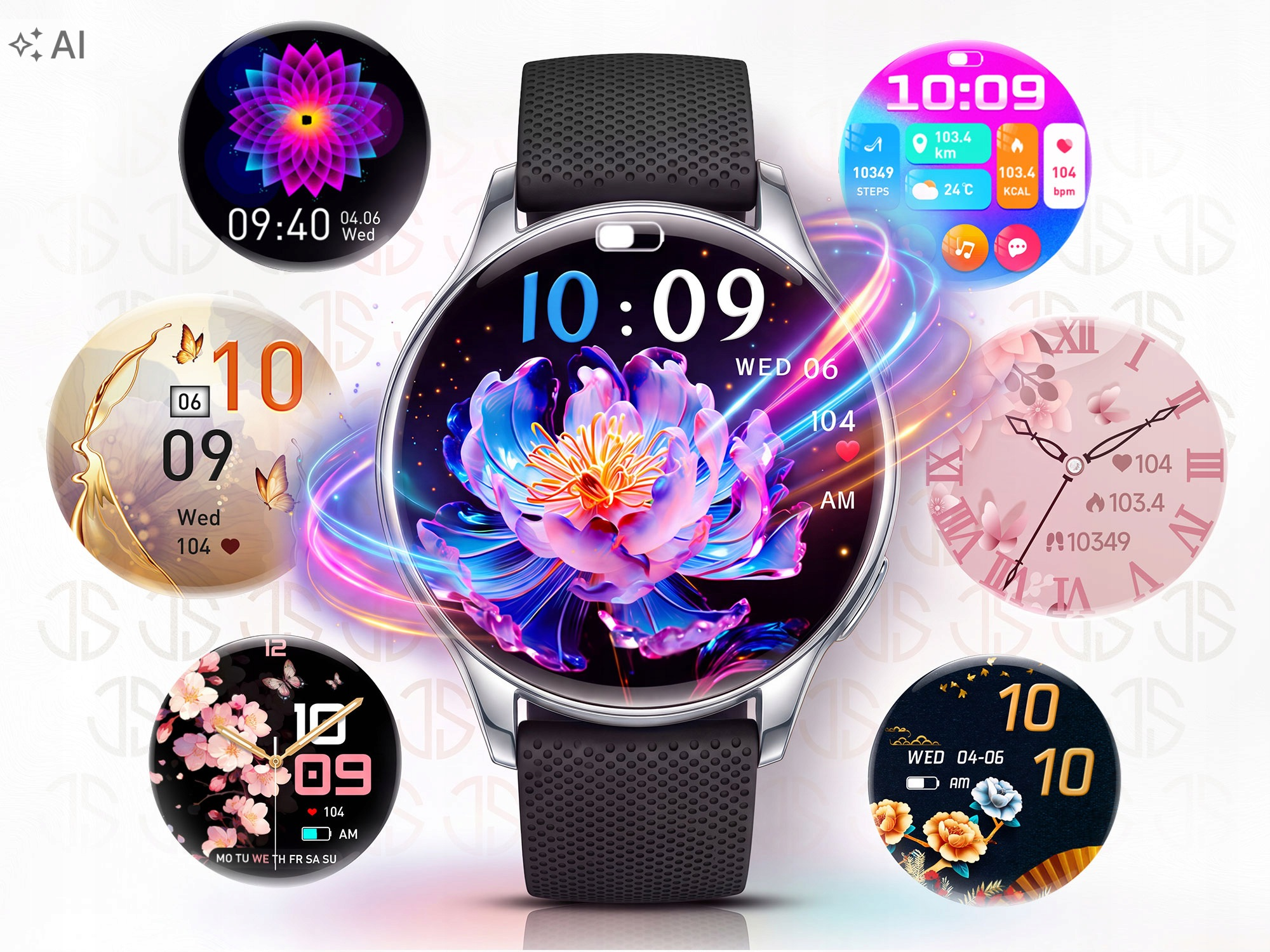 Centralny smartwatch otoczony różnymi kolorowymi tarczami zegarka w tle.