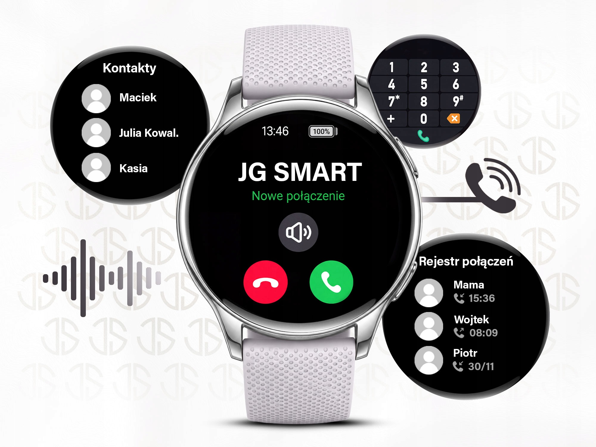 Smartwatch z funkcjami połączeń, kontaktami i klawiaturą numeryczną na białym tle.