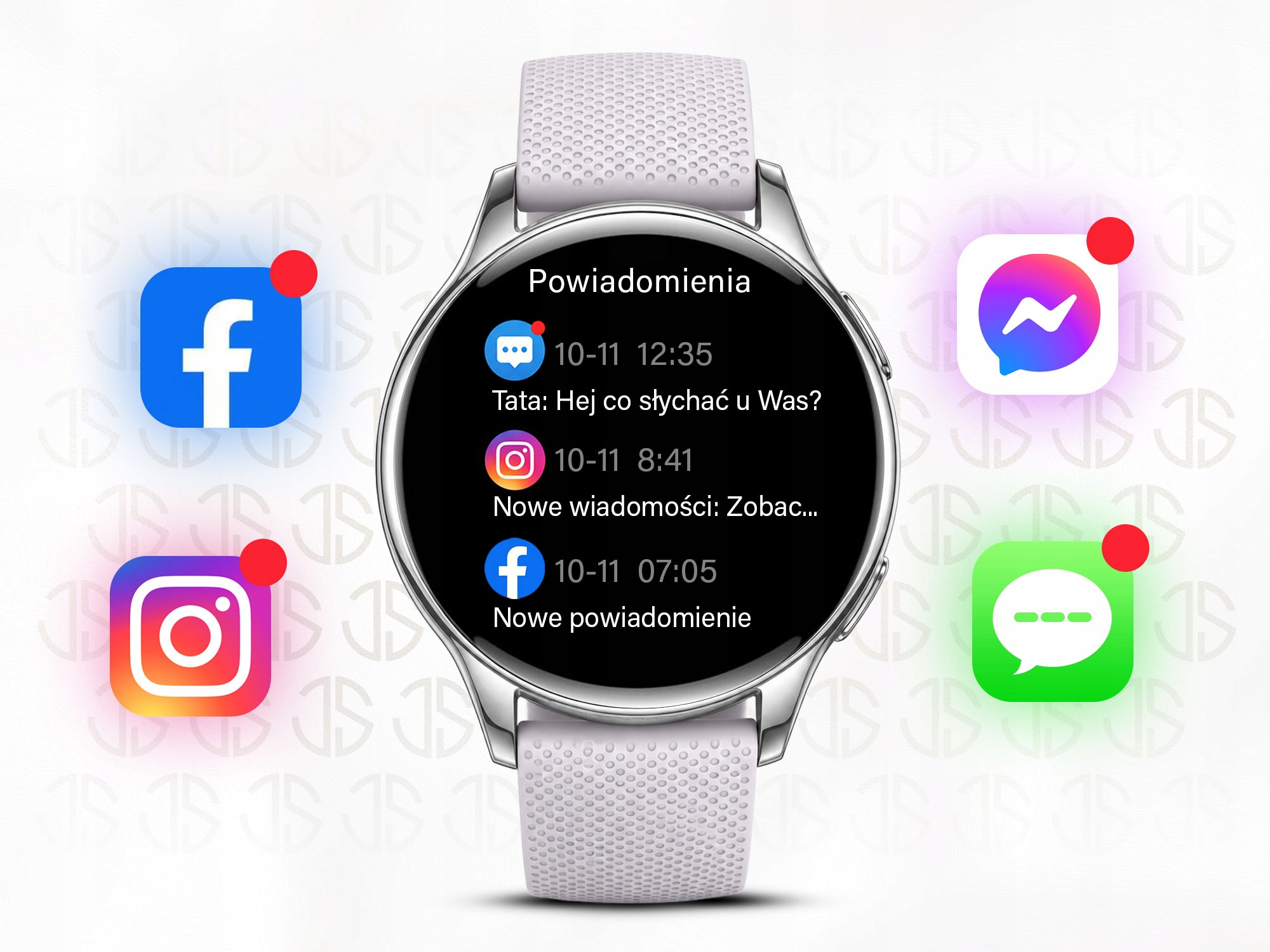 Smartwatch wyświetla powiadomienia, otoczony ikonami aplikacji społecznościowych.