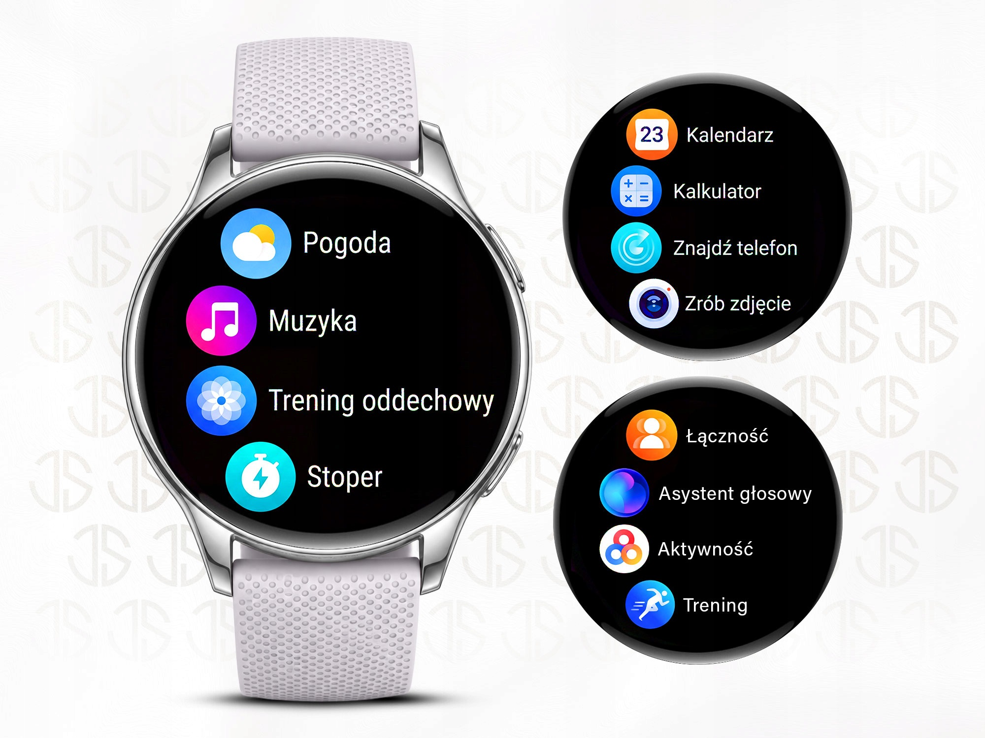 Smartwatch z okrągłym ekranem wyświetla menu aplikacji i ikony.